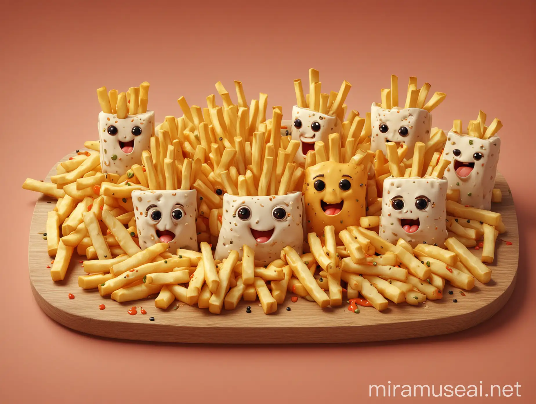  there are happy French fries, cheese sticks with faces and eyes, cute 3 d render, cute! c4d, cute digital art, pop japonisme 3 d ultra detailed, adorable digital painting, cute detailed digital art, sushi, anime food, kawaii hq render, trend on behance 3 d art, trend on behance 3d art