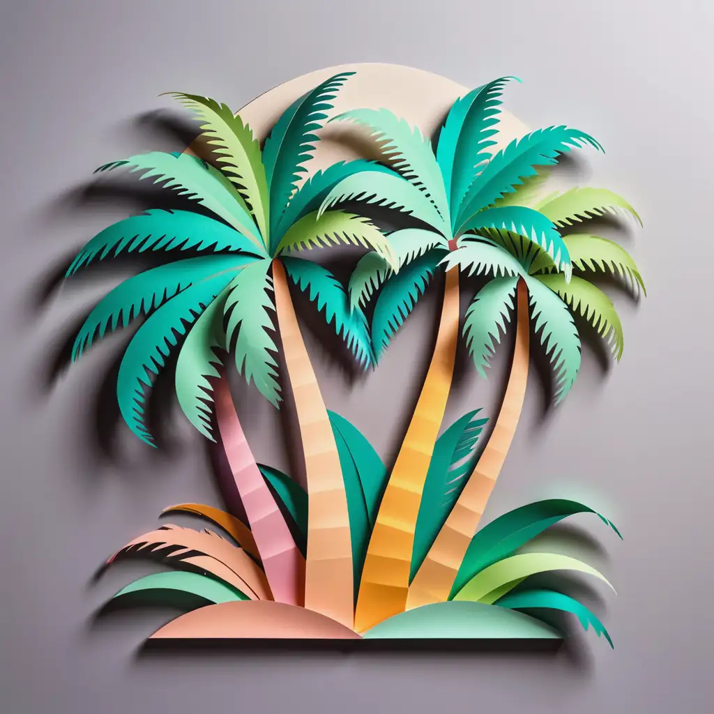 Detailed Laser Cut Paper Illustration of Pastel Palm Tree on Gray Background