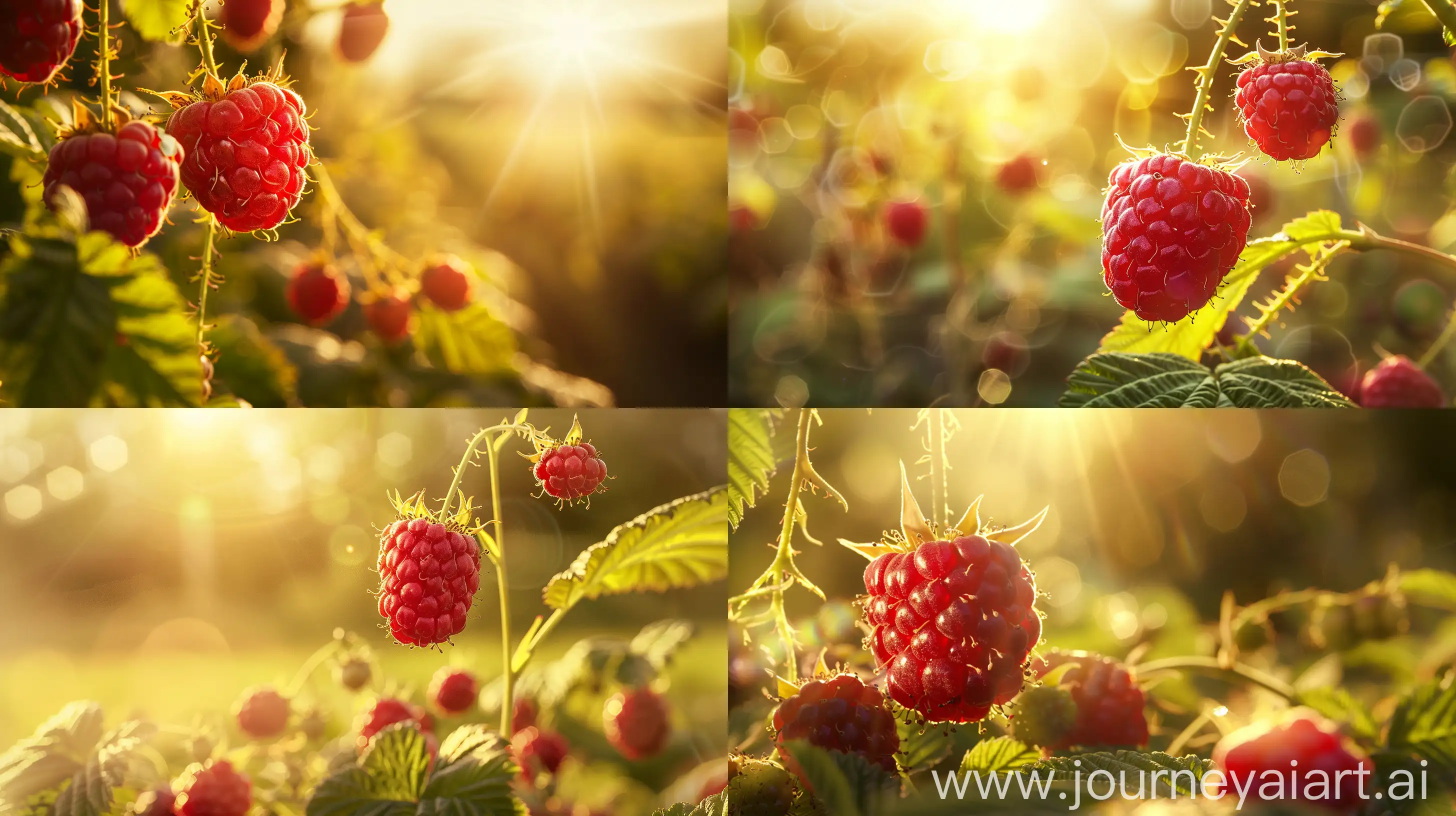 High detailed photo capturing a Raspberry, Heritage. The sun, casting a warm, golden glow, bathes the scene in a serene ambiance, illuminating the intricate details of each element. The composition centers on a Raspberry, Heritage. Luscious flavor and heavy yields of juicy, sweet, red fruits. Space 3 apart in rows 6 apart. Plants produce berries on old canes in early summer and on new canes from August to frost. Vigorous and hardy. Self-pollinating. Grows best in full sun.. The image evokes a sense of tranquility and natural beauty, inviting viewers to immerse themselves in the splendor of the landscape. --ar 16:9 