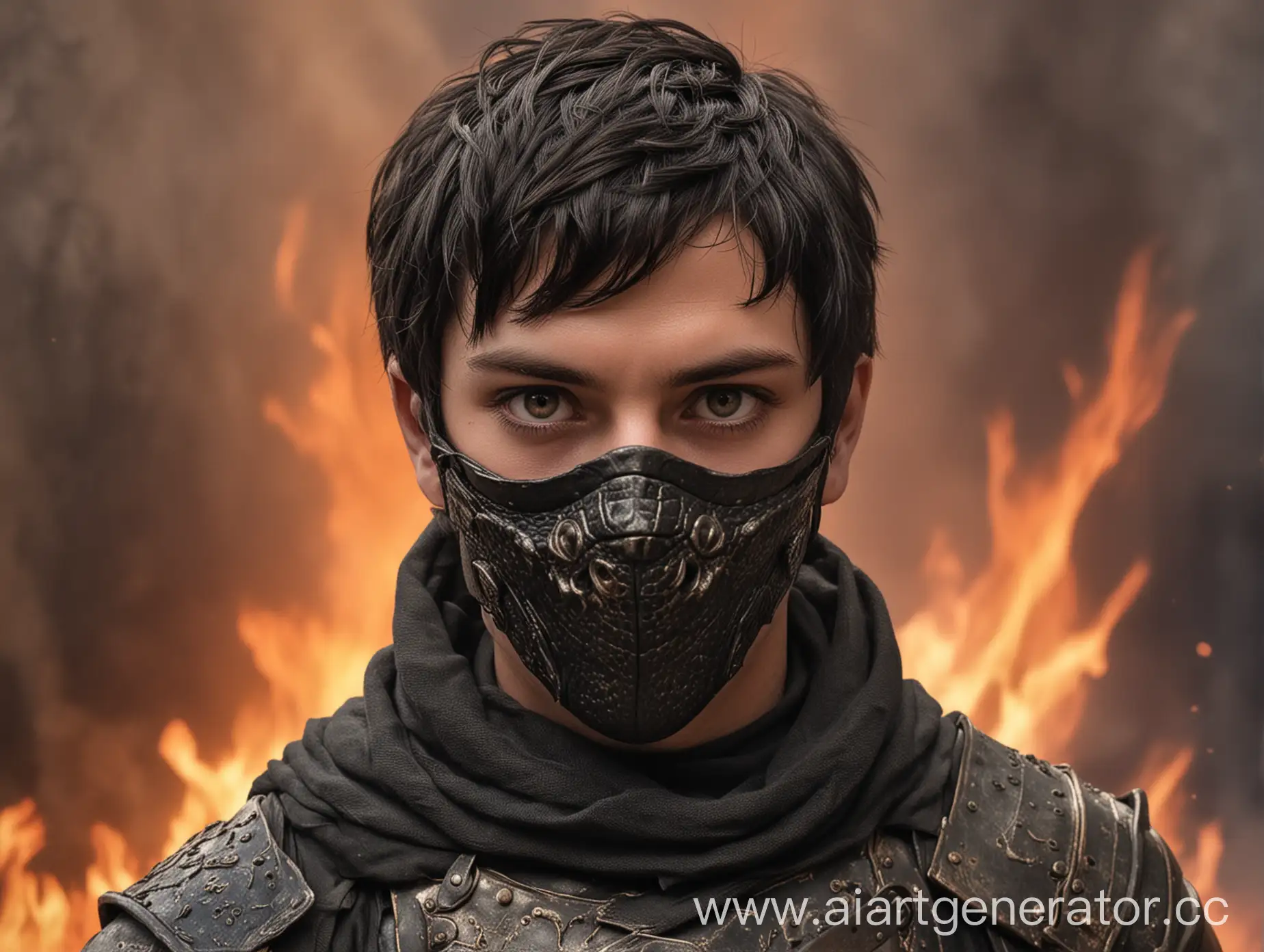 Mysterious-Warrior-with-Reptile-Eyes-and-Mask-in-Fiery-Background