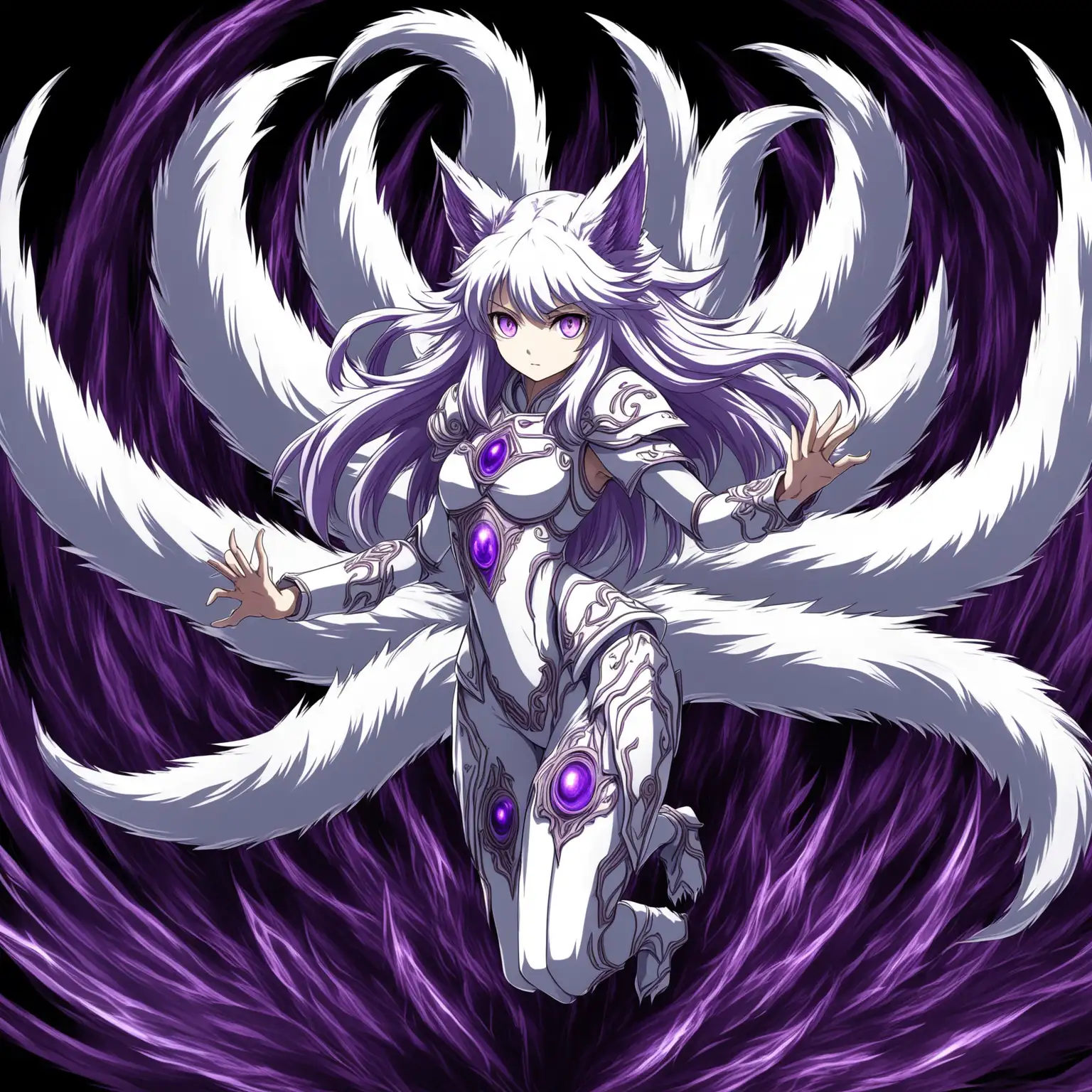 Anime girl, beastkin, purple eyes, white fur, dark aura, nine tails, dynamic pose, white armor