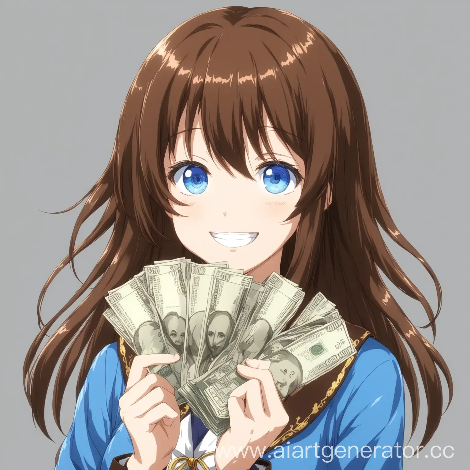 Anime-Girl-with-Brown-Hair-and-Blue-Eyes-Holding-Money-in-Happiness
