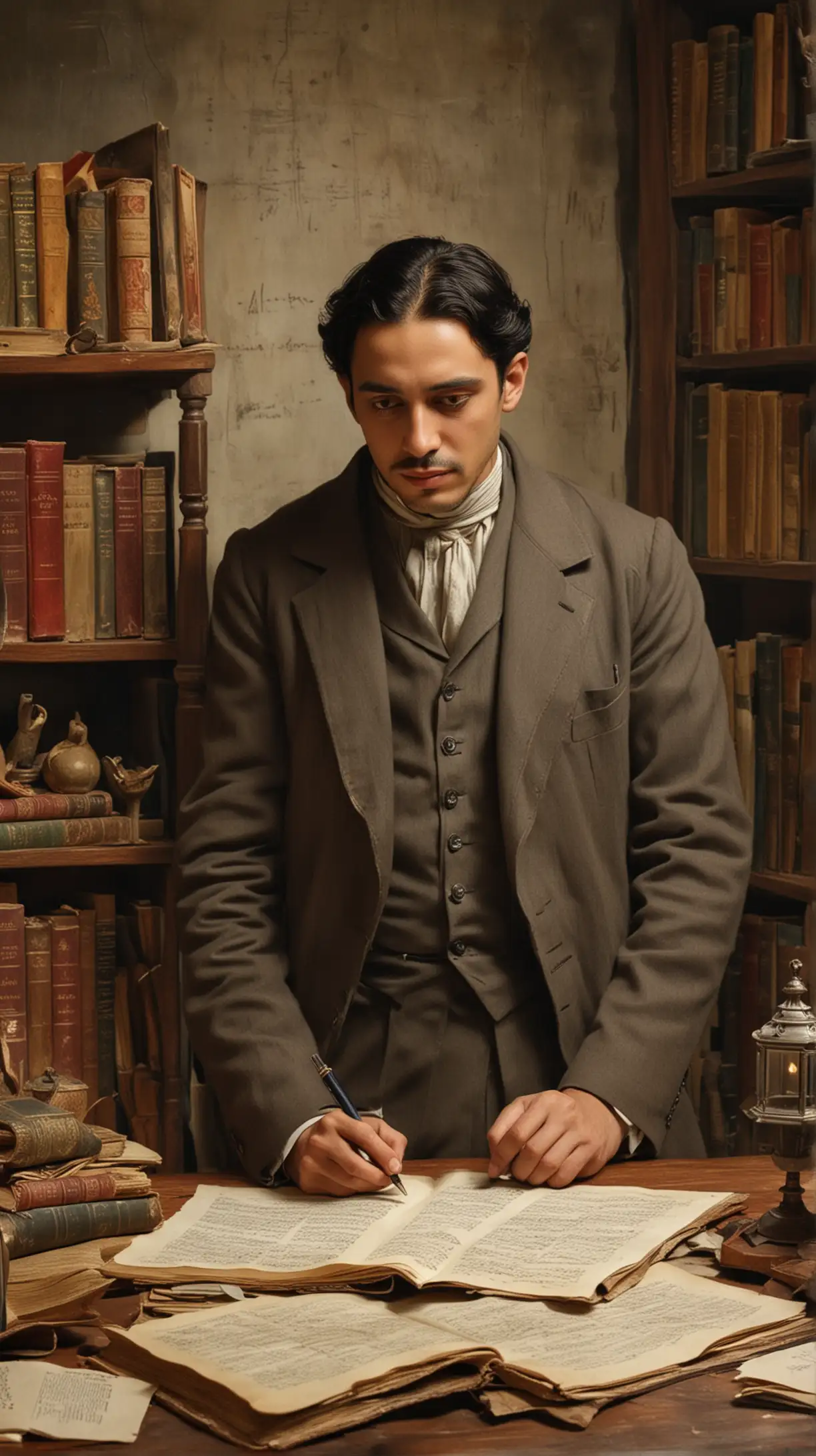 Depict a 1930s setting where a scholar, Santiago Mendes Espadas, is writing the biography of Veneslao Moguel, surrounded by books and notes. The scene should exude a sense of historical importance.
