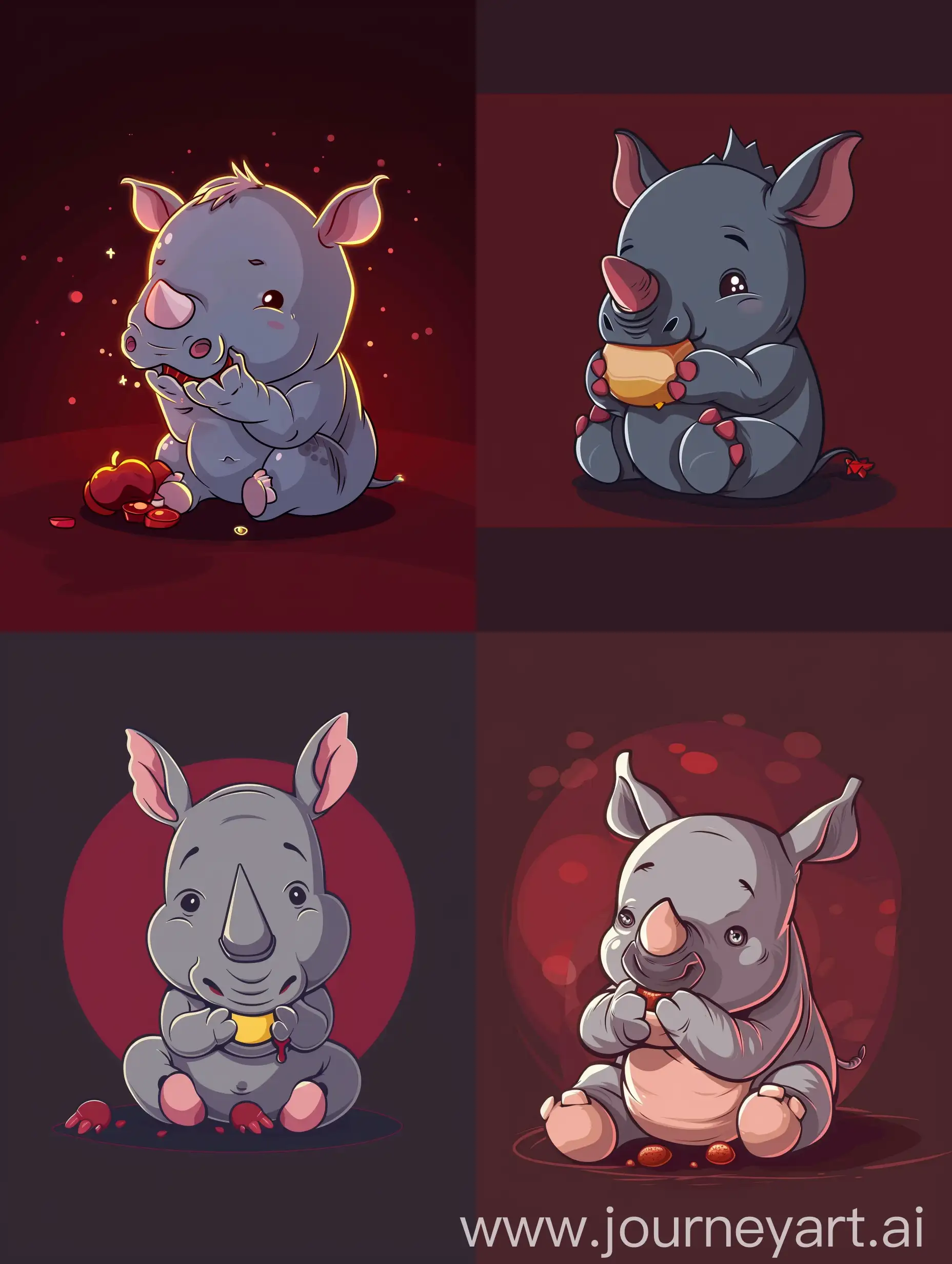thin line style chibi cute rhino eating, with solid dark red background, small object and center concentrated image, far view point
