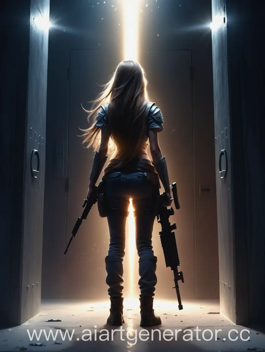 девушка с оружием и длинными волосами стоит спиной к нам, и смотрит на большой вход из которого светит на неё ярким светом