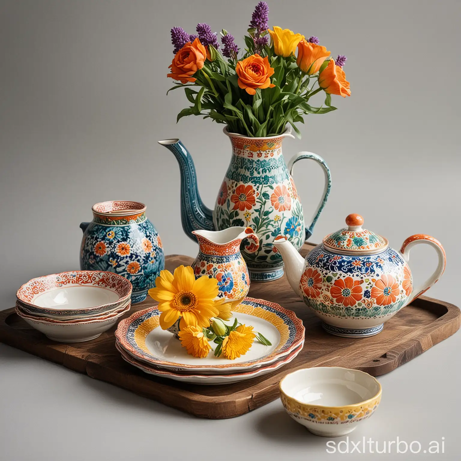 一套有花纹描边的餐具在中间，左边有个水壶，右边有个花瓶，瓶里插着彩色的花朵