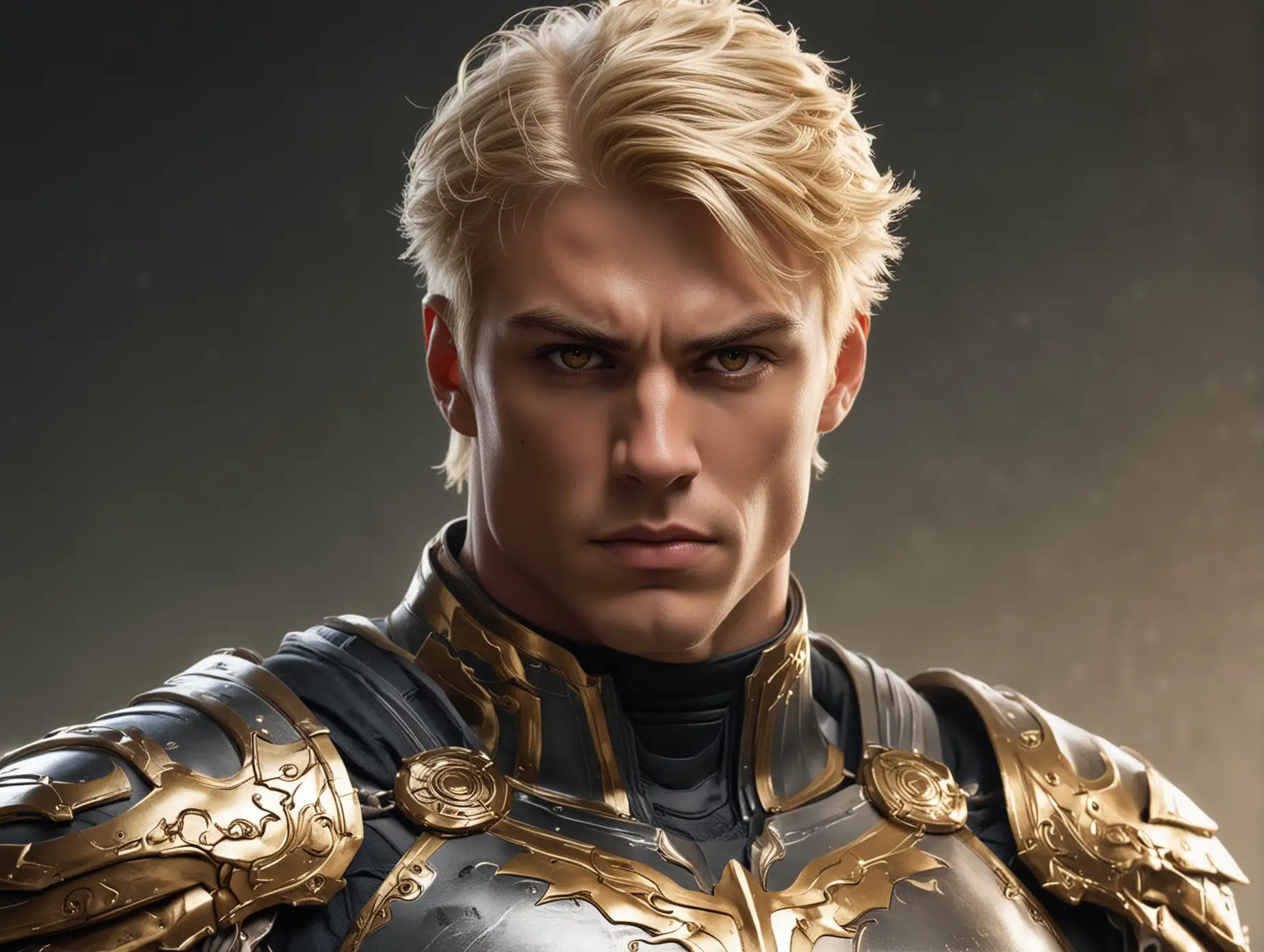 Blonde Muscular Superhuman Man in Golden Armor