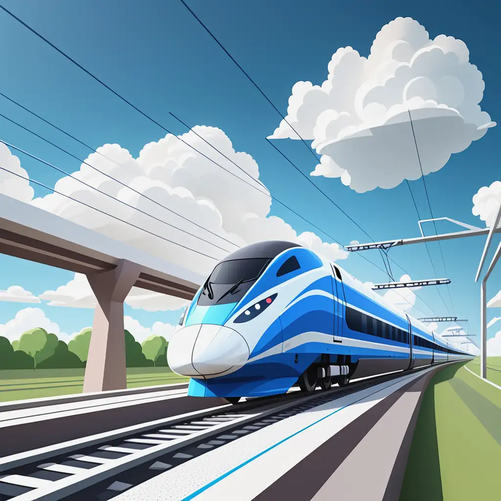 Flat design, hyper realistic, A high-speed train on the railway goes to the distance; blue sky with white clouds