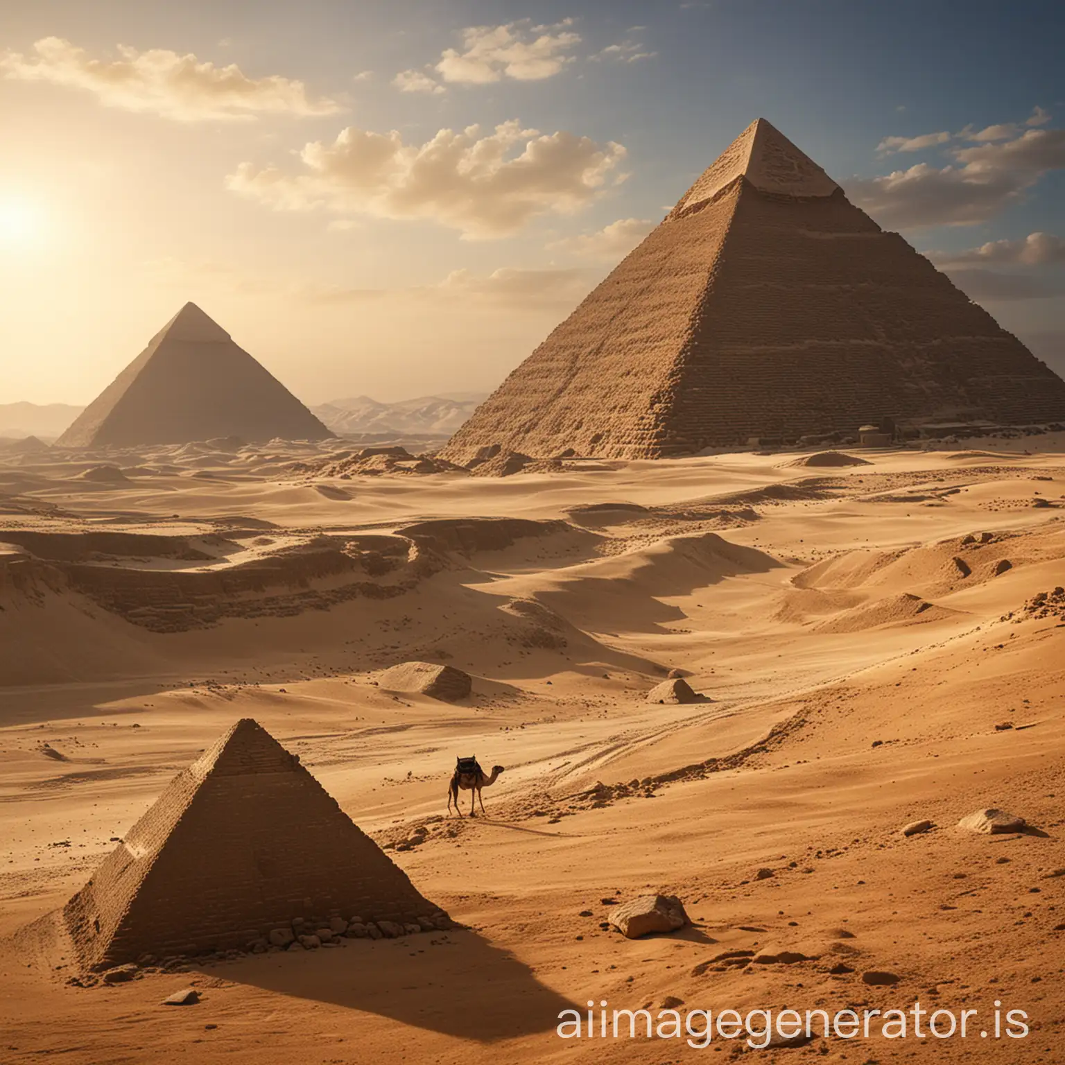 Create a breathtaking image of ancient pyramids set against a desert landscape. The scene should evoke a sense of wonder and historical grandeur. Include the following elements to enhance the composition:

Pyramids: The primary focus should be on the iconic pyramids, capturing their imposing size and timeless architectural precision. Include a combination of well-known pyramids, such as the Great Pyramid of Giza, with accurate details.
Desert: Surround the pyramids with a vast, arid desert, characterized by rolling dunes and a golden, sandy expanse. The texture and patterns of the sand should be clearly visible.
Sky: Feature a clear, deep blue sky with minimal clouds, or consider a dramatic sunset or sunrise with warm, vibrant hues to add depth and contrast to the scene.
Foreground: Incorporate elements such as scattered stones, ancient artifacts, or a lone camel to add context and interest to the foreground.
Lighting: Use natural lighting to create strong contrasts and shadows, highlighting the contours and details of the pyramids and the desert landscape.
Atmosphere: Convey a sense of historical significance and mystery. Consider adding subtle elements like distant mirages or a slight haze to enhance the ancient, timeless feel of the scene.
The final image should evoke a sense of awe and reverence for the ancient world, capturing the majestic and enduring beauty of the pyramids in their natural desert setting.


