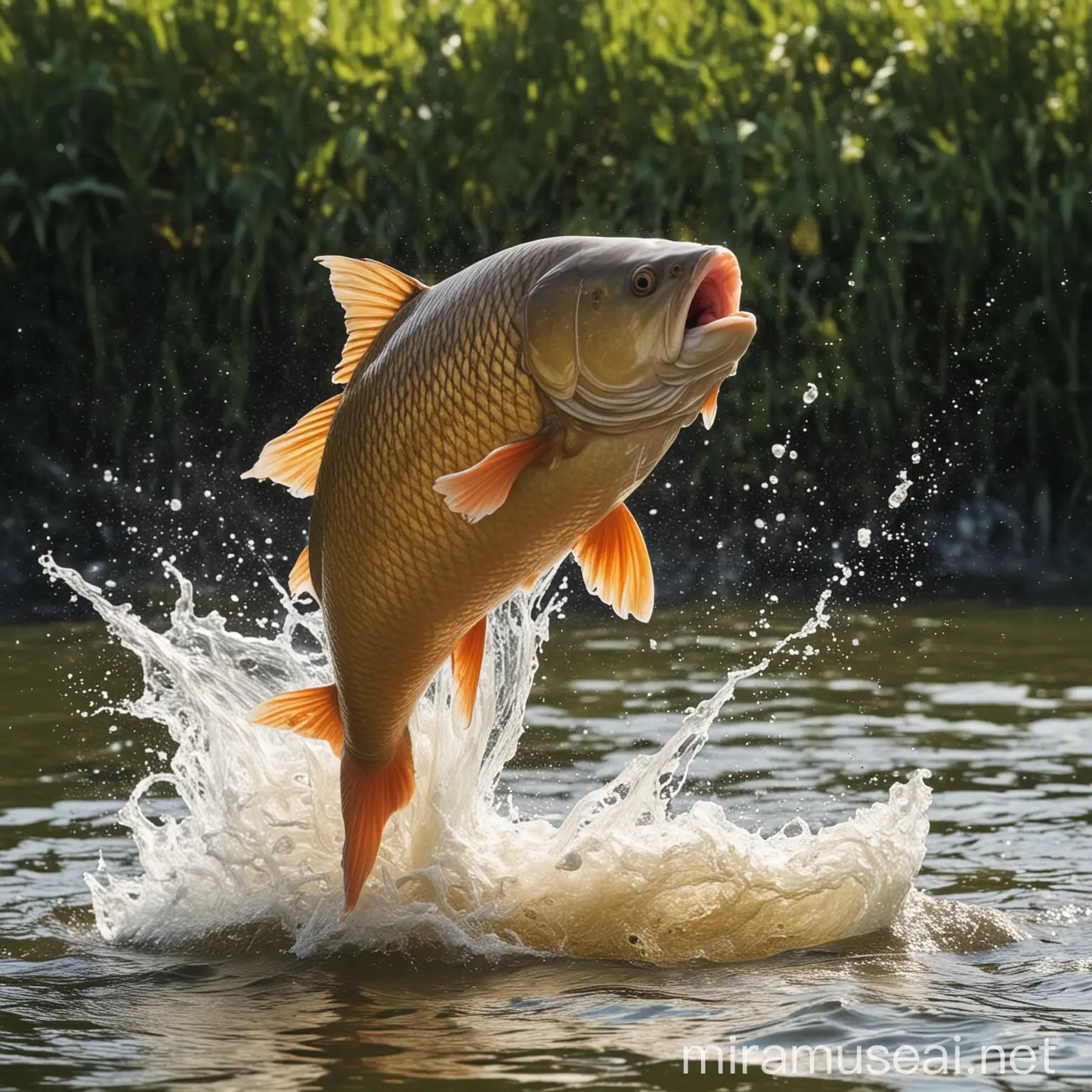 Energetic Carp Leaping from Rippling Waters