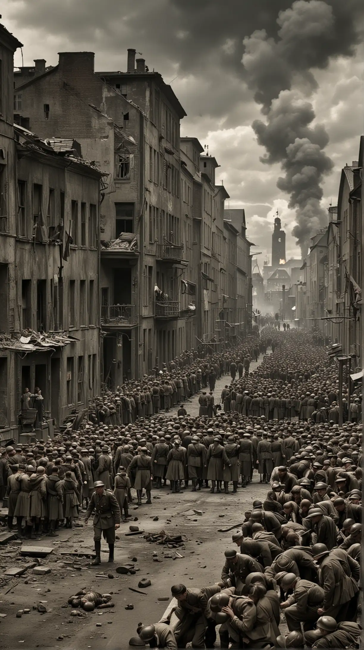 Create a historically accurate and respectful image that depicts a scene from Nazi Germany during World War II. The image should focus on conveying the gravity and impact of the era, such as a war-torn city, a solemn moment of remembrance, or a depiction of resistance against the Nazi regime. Ensure the image is educational and commemorates the victims and hardships faced during this period.