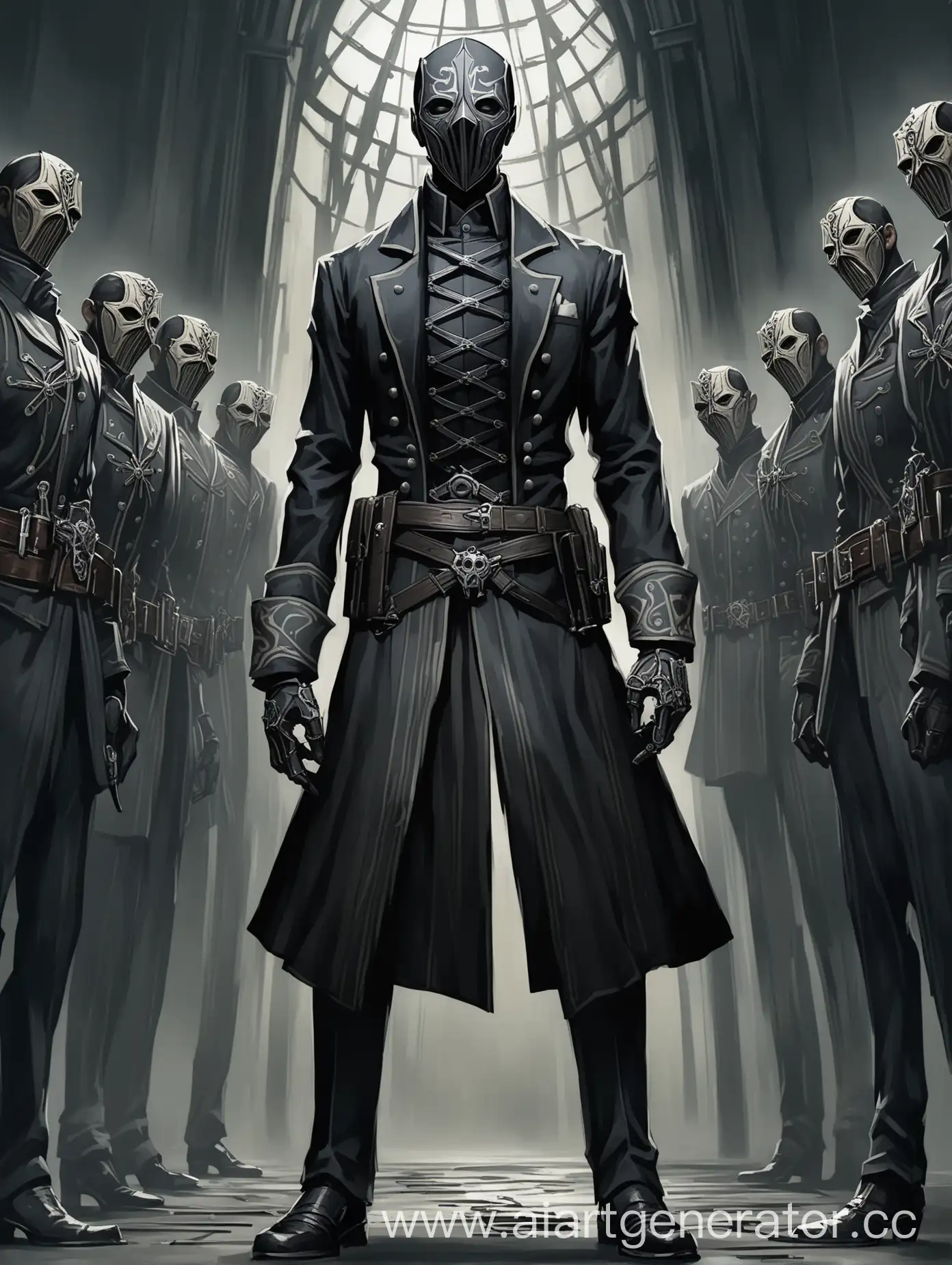 A strong man with a rather slender figure, dressed in a uniform similar to that of the Watchers from Dishonored, however, his clothing is distinguished by a large number of belts. A steel mask is worn on the face, expressing the emotion "Calm".