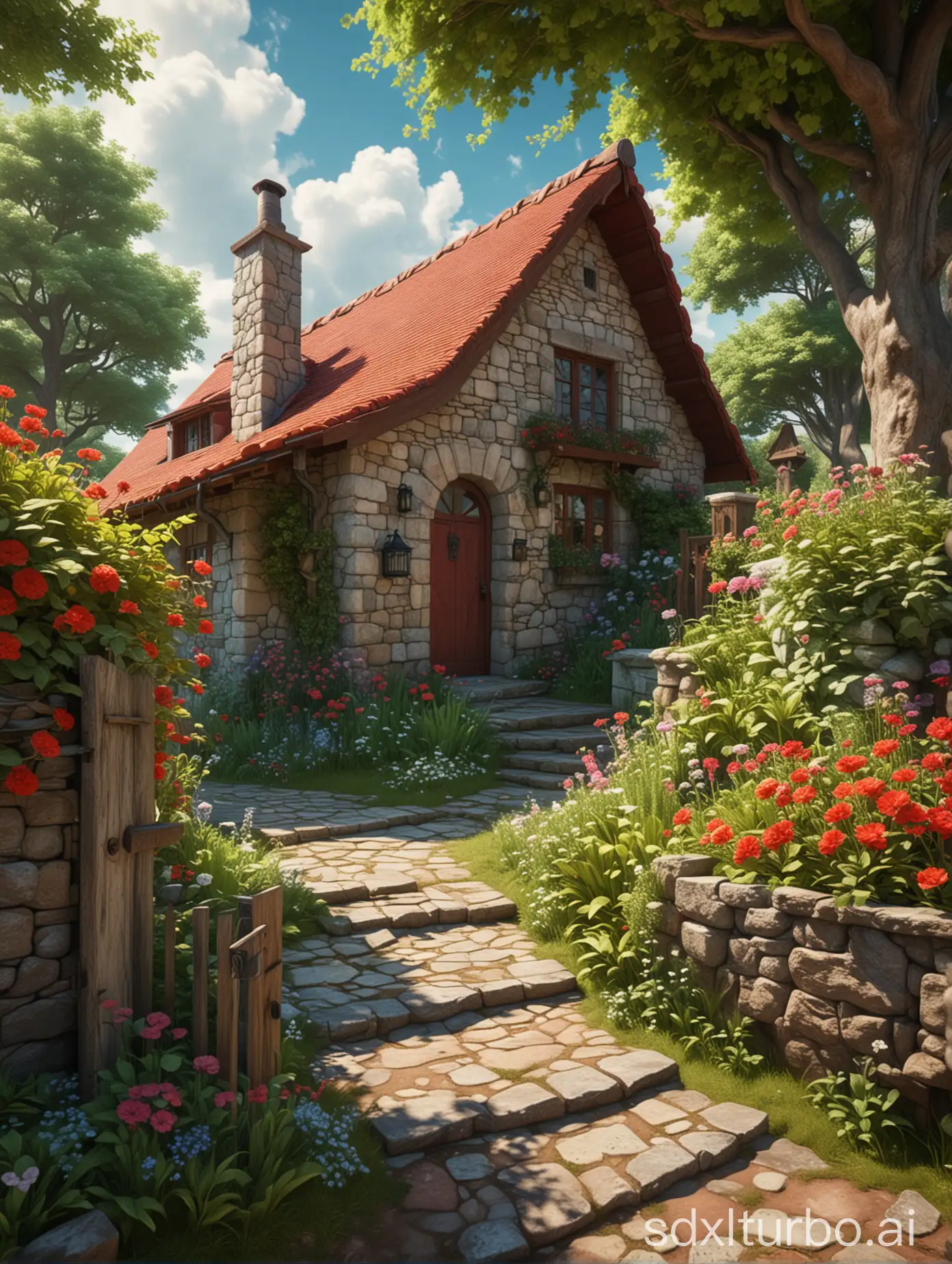 Illustration of a charming stone cottage with a red-tiled roof, surrounded by lush greenery and colorful flowers. A stone pathway leads to the wooden door of the cottage, and large trees with dense foliage frame the scene. Bright daylight and fluffy clouds create a serene and picturesque atmosphere.strong shadows,unreal engine