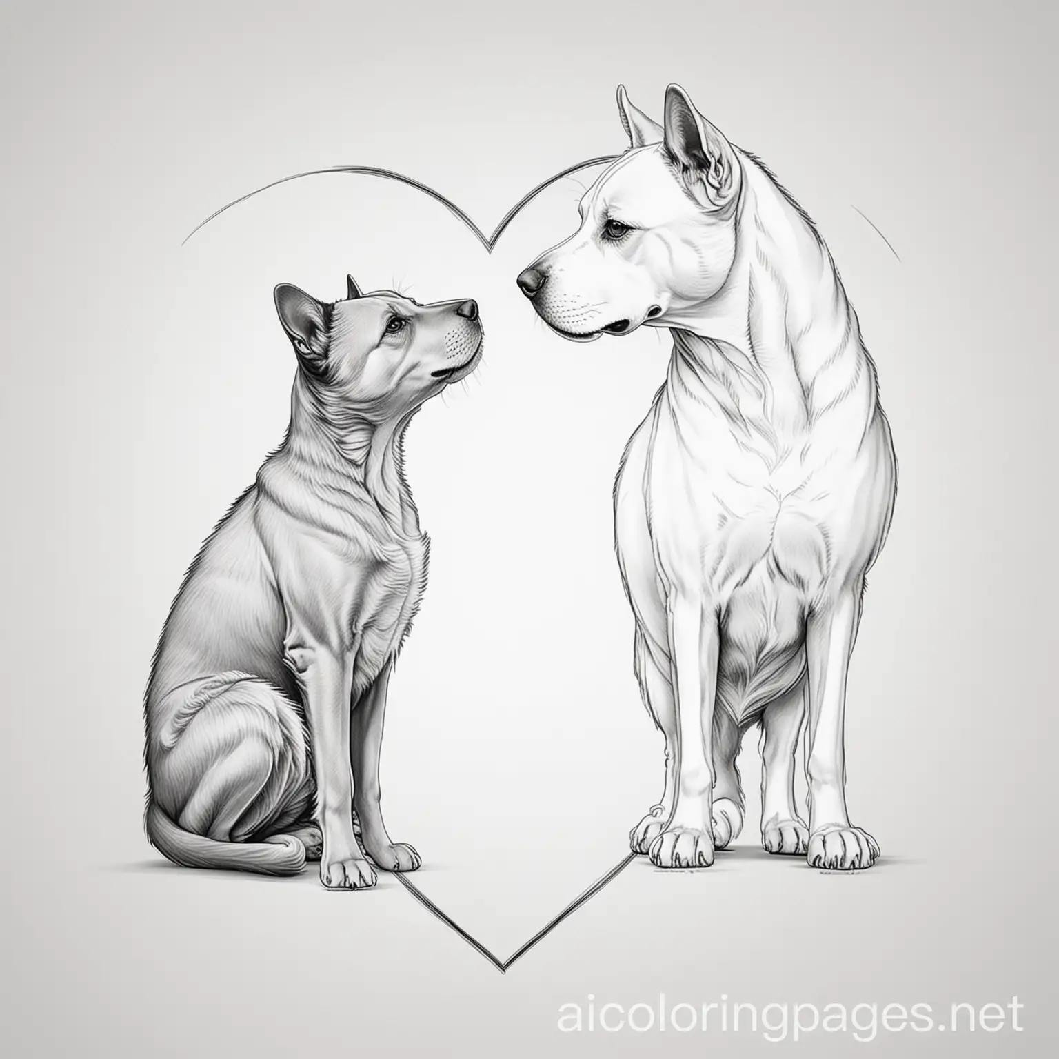dog and cat where the dogs body and the cats body each form half the shape of a heart, Coloring Page, black and white, line art, white background, Simplicity, Ample White Space. The background of the coloring page is plain white to make it easy for young children to color within the lines. The outlines of all the subjects are easy to distinguish, making it simple for kids to color without too much difficulty