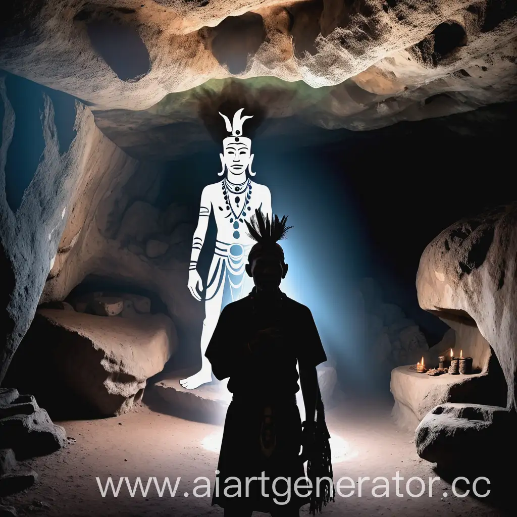 на фото позирует человек, который находится в пещере и взади него виден силует духа шамана