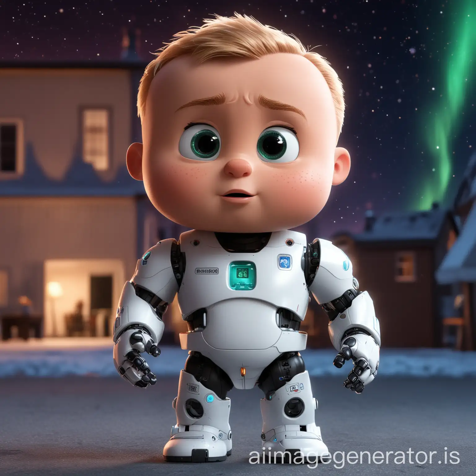 Ted from Boss baby with northern lights background wondering about post quantum cryptography - Also write how do i protect my toys from that super smart robot - curiously
