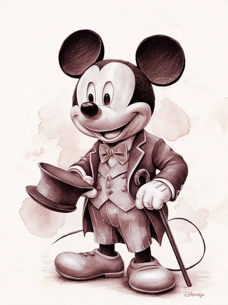  pencil drawing, watercolor, Mickey Mouse, white background