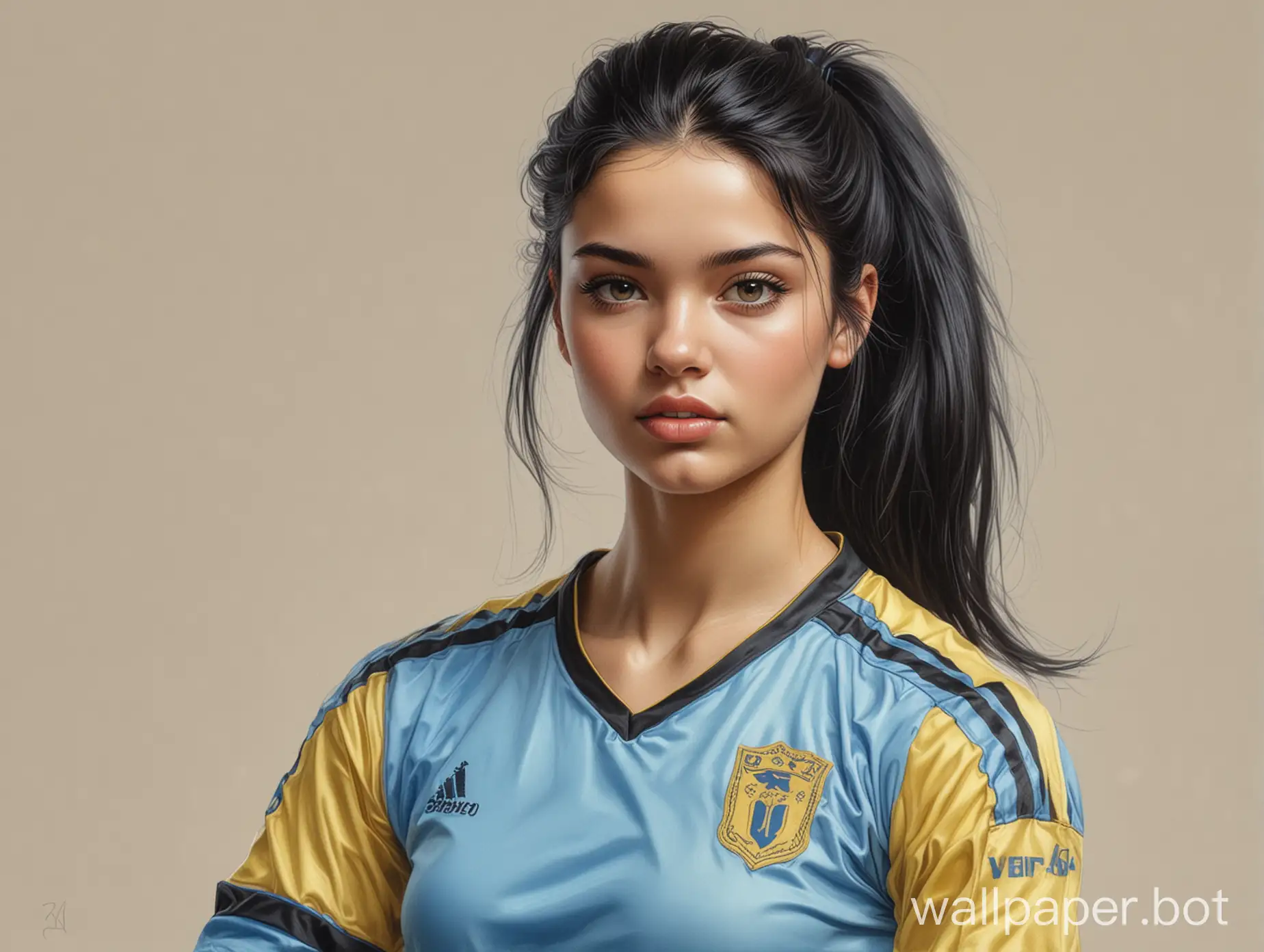 sketch young Katerina Shpitsa 18 years old black hair 5 breast size narrow waist In light yellow-blue soccer uniform white background high realism drawing with a liner portrait in half-turn style Boris Vallejo