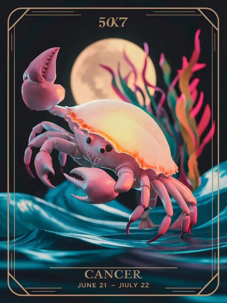 Design a HQ "Title: Cancer " tarot card featuring "Subtitle: June 21 - July 22" premium 14PT black card stock authenticated breathtaking 8k 16k visuals /"A delicate crab with a soft, glowing shell, often surrounded by ocean waves, seaweed, or a full moon."/, complex fandom artwork, Add_Details_XL-fp16 algorithm, 3D octane rendering style (3DMM_V12) with the mdjrny-v4 style, infused with global illumination --q 200 --s 275 --ar 3:4 --chaos 500 --w 500