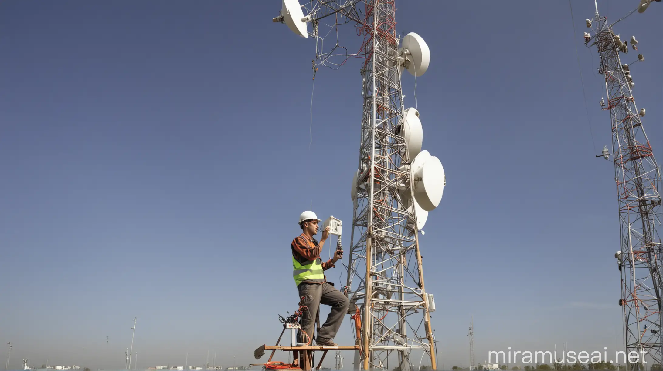 Telecom Field Engineer Installing Antenna Equipment Outdoors
