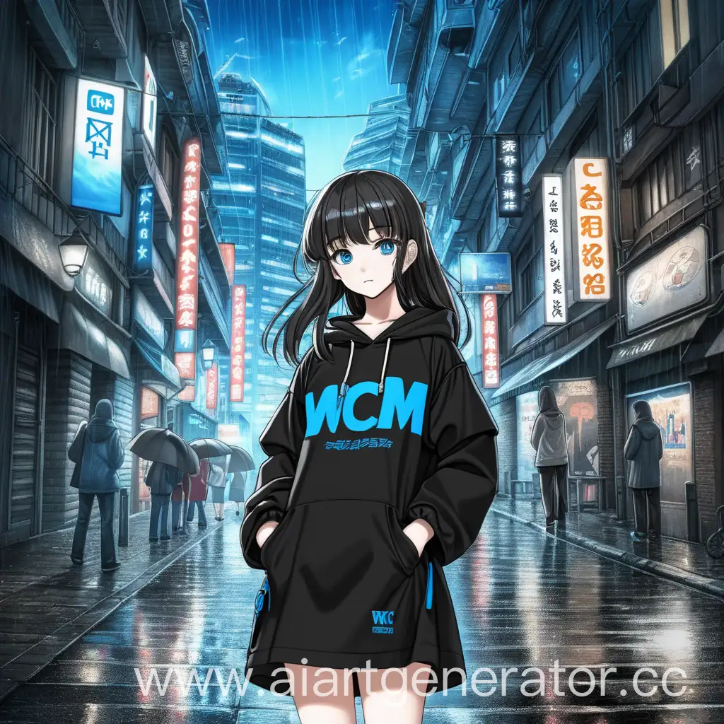 anime girl against the backdrop of the city, on a black T-shirt with the inscription WCM in blue, in a black skirt and raincoat