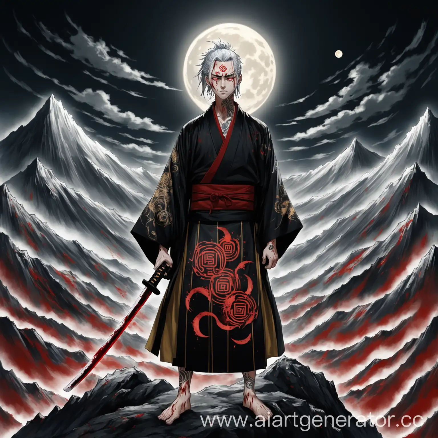 SilverHaired-Warrior-in-BlackGold-Kimono-Gazing-at-Moon-with-Elemental-Tattoo