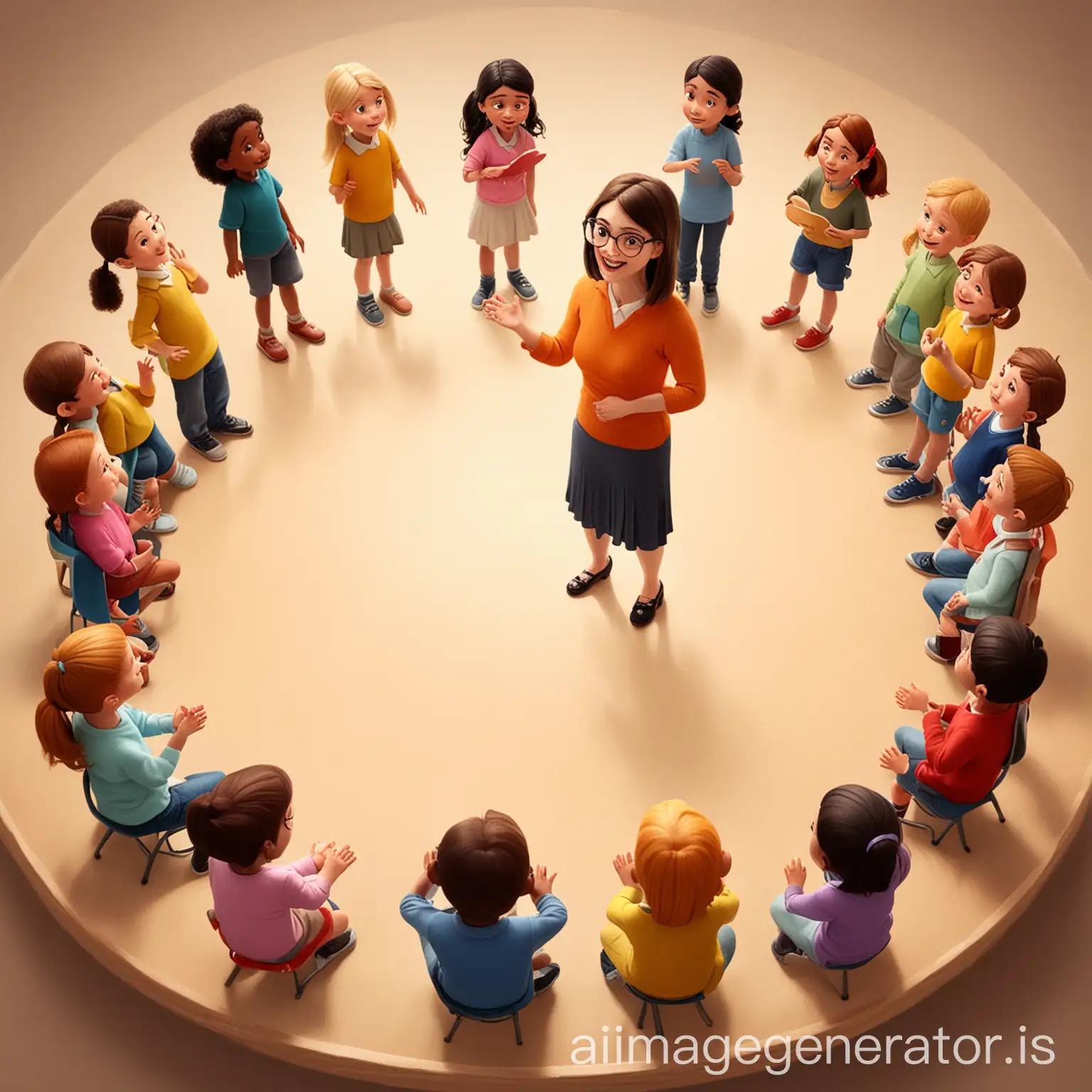 create a cute image of a teacher in the class narrating story to kids that are standing in a circle shape in the classroom