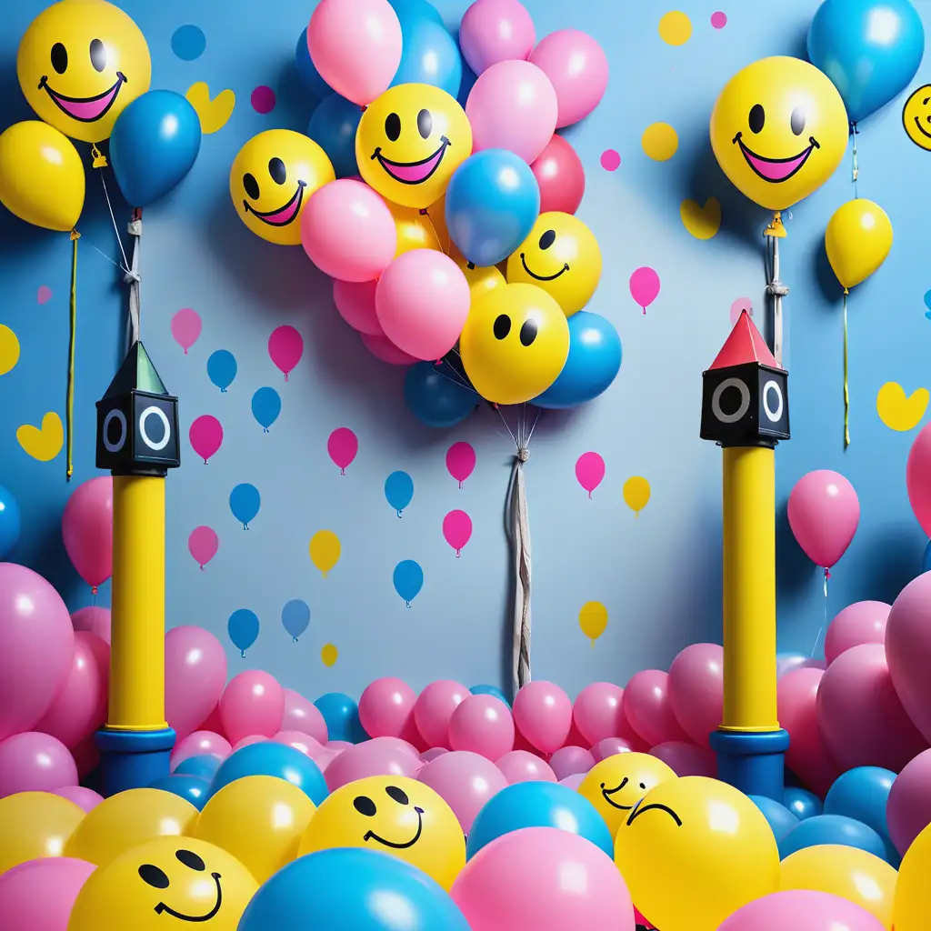 A wallpaper poster for kids softplay that include entertainment plays  with some colorful balloons and some soft paint colors of yellow pink and blue and smiley faces and road signal 