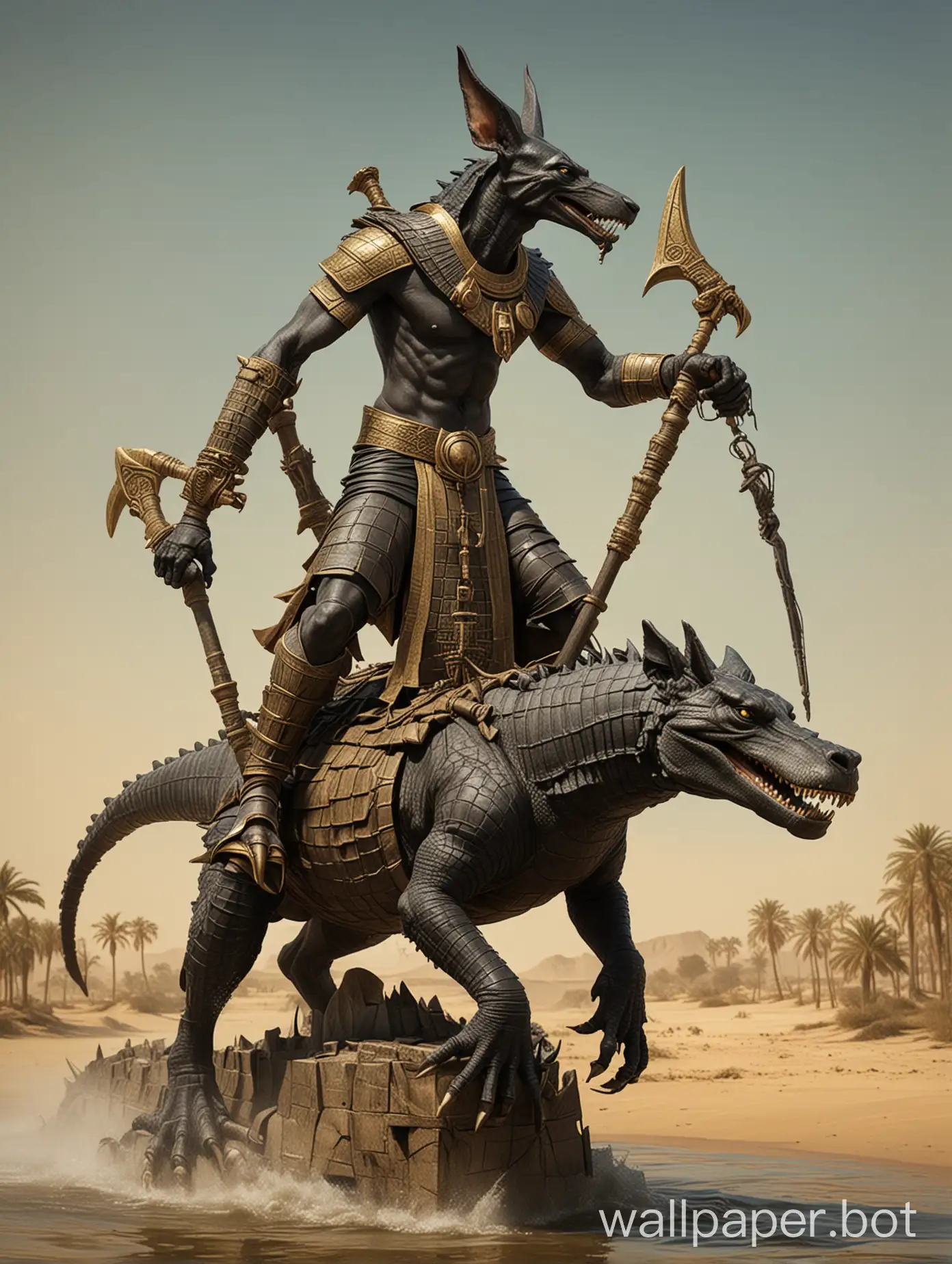 anubis riding on a menacing-looking alligator's back holding up the crook and flail