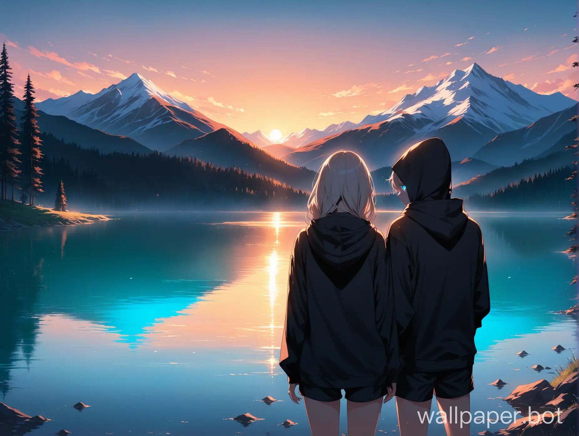high-res, masterpiece, lake, mountain, forest, sunset, boy next to a girl in black hoodies, blue glowing eyes
