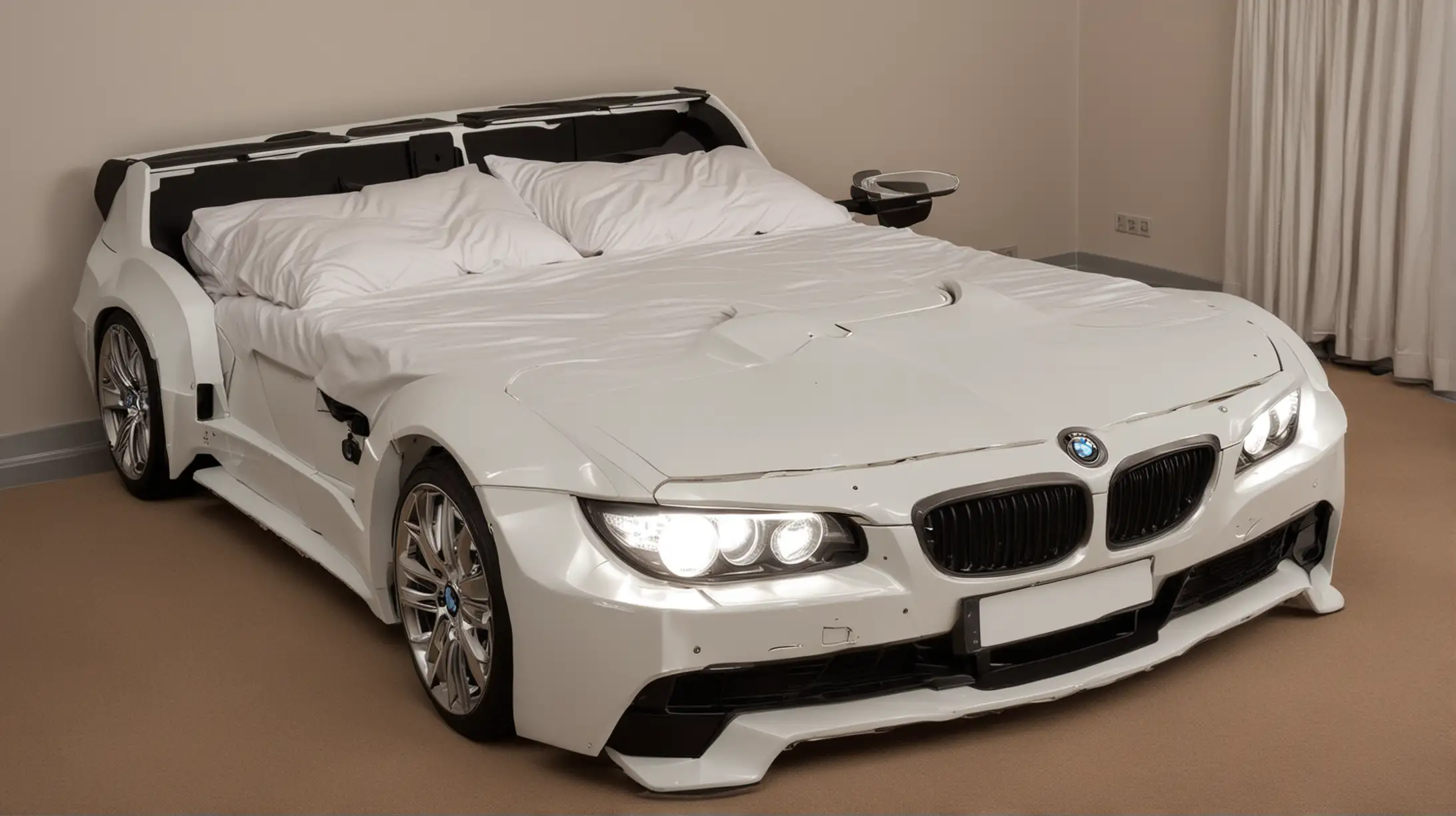  Double bed in the shape of a BMW car with headlights on