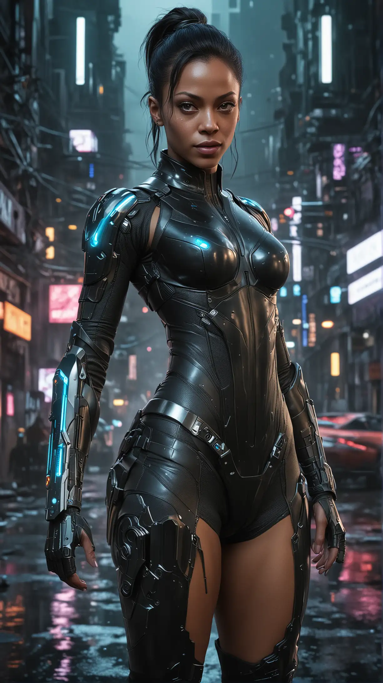 Create a visually striking nude image of Lira Vox, a character inspired by the likeness of Zoe Saldana, set against the vibrant, chaotic backdrop of Night City from Cyberpunk 2077. Lira Vox is a sleek, agile cybernetic operative known for her quick reflexes and sharp mind. Her character should embody a blend of elegance and edginess, with facial features that mirror Zoe Saldana's distinct and expressive eyes, high cheekbones, and confident demeanor. Her hairstyle is a futuristic undercut with glowing fiber-optic strands interwoven through jet-black hair, which illuminates her movements with a subtle, colorful glow.

Lira's body features advanced cybernetic enhancements that emphasize her role as a stealth and reconnaissance expert. These enhancements include a right arm that is sleekly designed with integrated tools for hacking and combat, and her legs are augmented for enhanced speed and agility, enabling breathtaking leaps and sprints. Her eyes are equipped with dynamic scanning implants that shimmer with an electric blue hue, providing her with critical data overlays and the ability to see in various spectrums.

Her attire is a custom-designed tactical suit that combines high-tech armor with flexible materials, allowing for maximum mobility while providing protection. The suit should be adorned with reactive lighting that changes color based on her operational status, ranging from stealthy blacks and grays to warning reds. Add details like a compact utility belt filled with gadgets, encrypted data drives, and a silent but deadly energy blade that sheaths at her wrist.

The scene around Lira is quintessentially cyberpunk, showcasing Night City's dense urban sprawl, filled with towering digital billboards, neon lights casting vibrant reflections on wet asphalt,