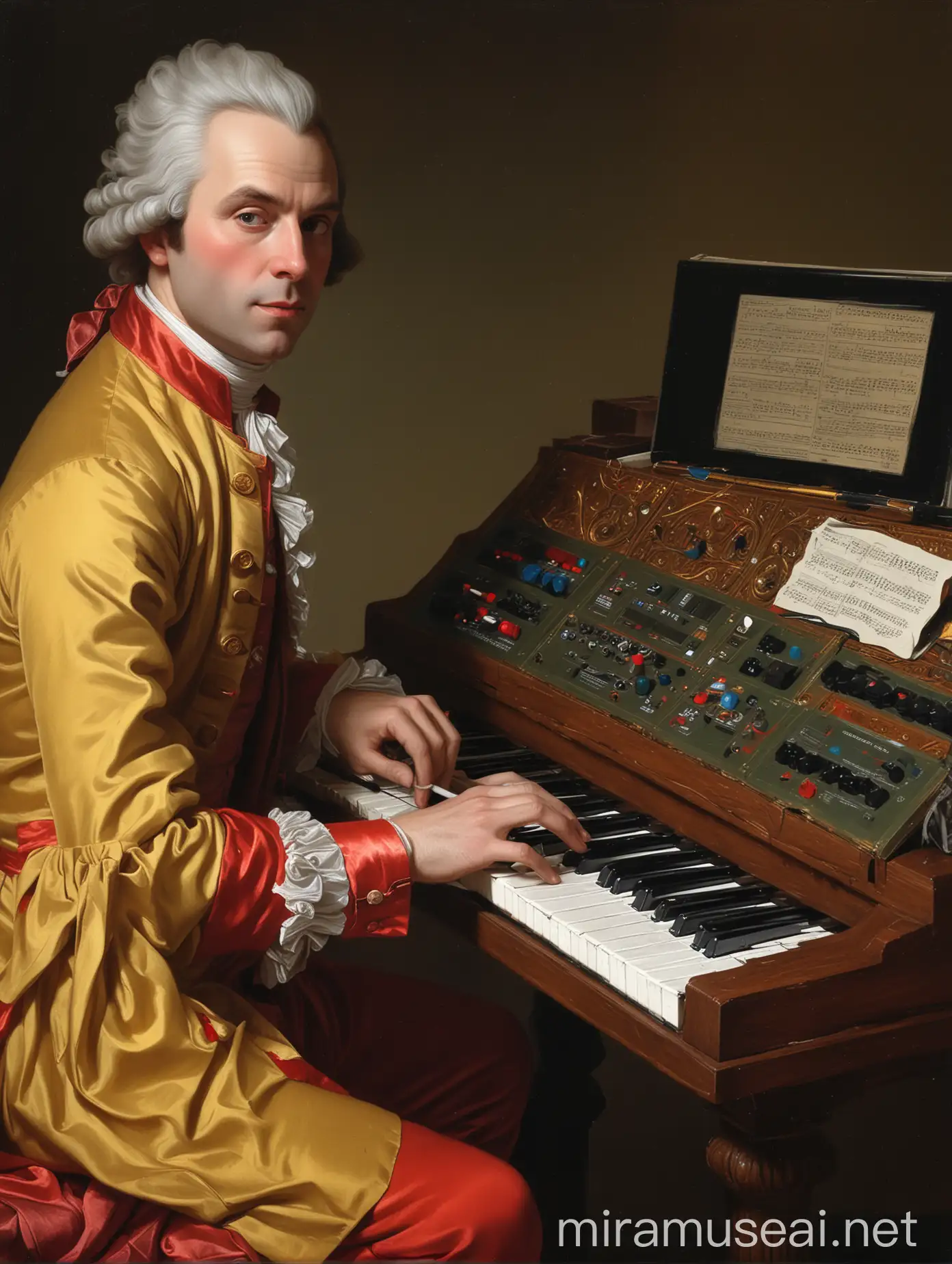 Highly detailed painting closely based on (("Henry Laurens" by John Singleton Copley)), on the table is a ((synthesizer keyboard and a laptop computer)), ((avoid uneven keys)), leave blank space at top, use muted colors only, high quality