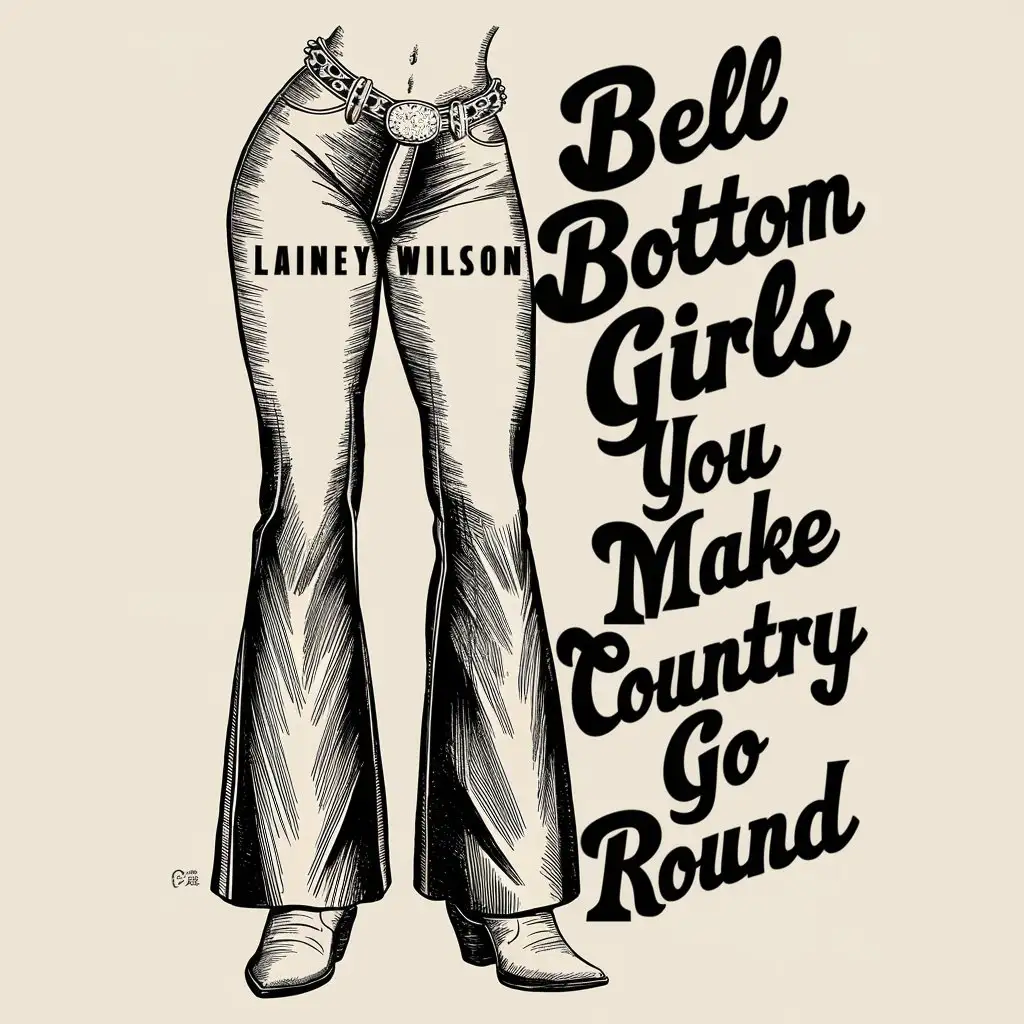 vintage country western print of a front view female from the waist down wearing bell bottoms, wide hips, text LAINEY WILSON "Bell bottom girls you make country go round"