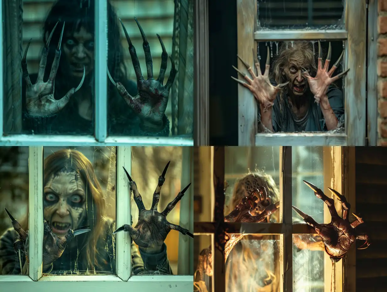 A zombie with long, curved nails sticking out of her fingers like menacing claws stands outside the window, trying to get inside to the survivors. 