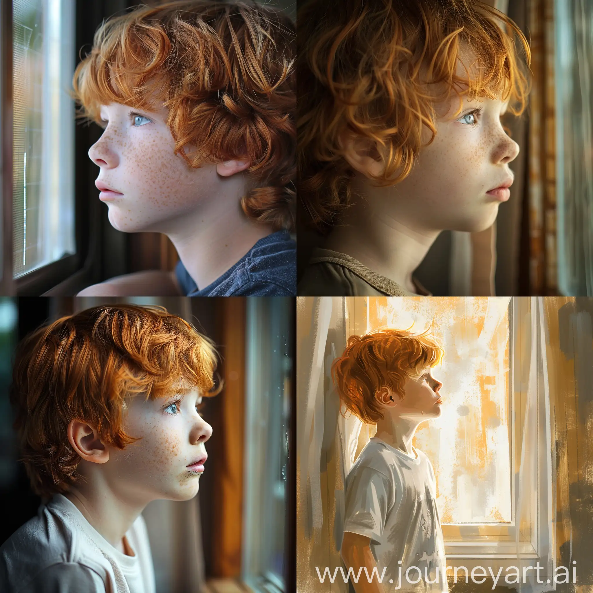 красноволосый мальчик смотрит в летнее окно и думает