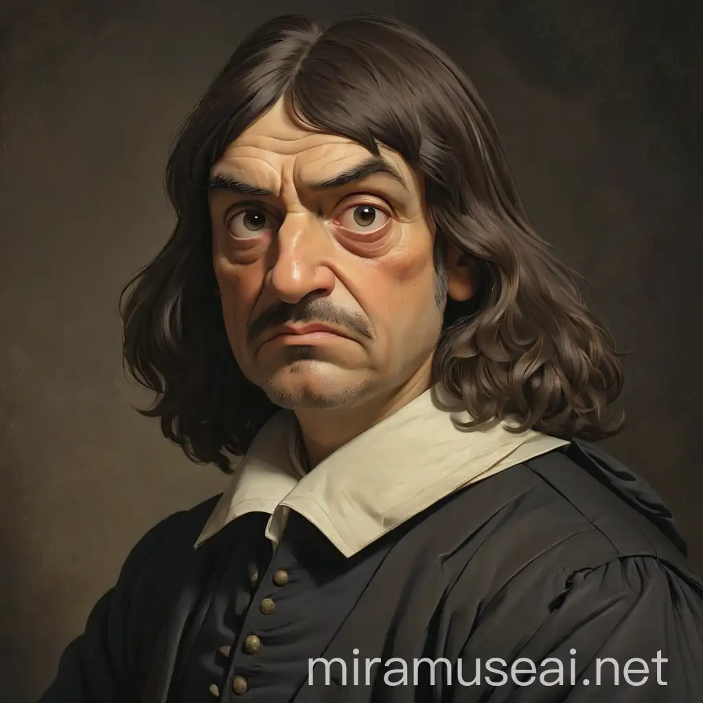 Descartes ,extremely doubtfully face looks 