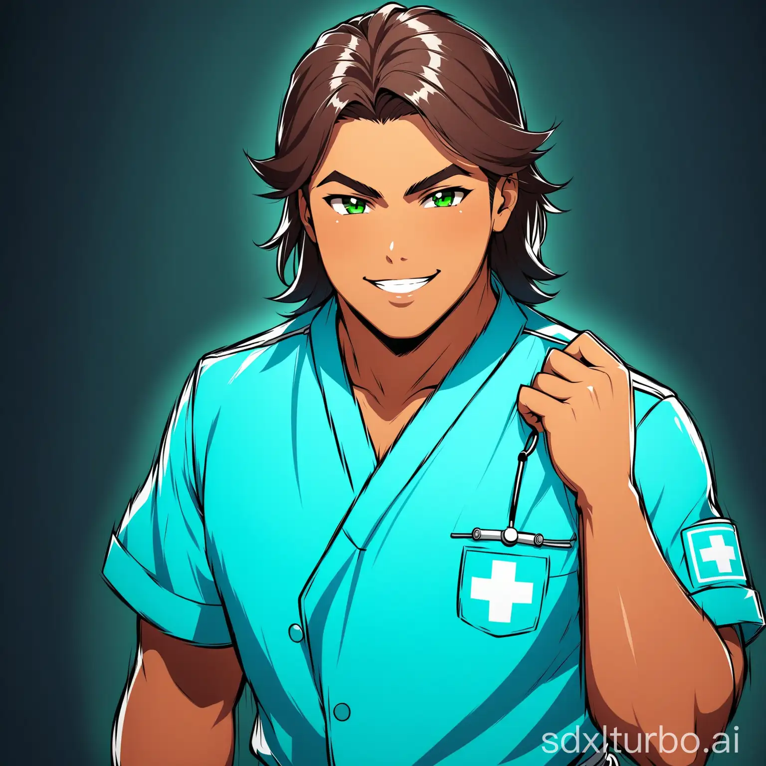 A tanned handsome chubby young man, mullet brown hair, green eyes, with blue nurse uniform, winking one eye, sensual posing, in a dark room