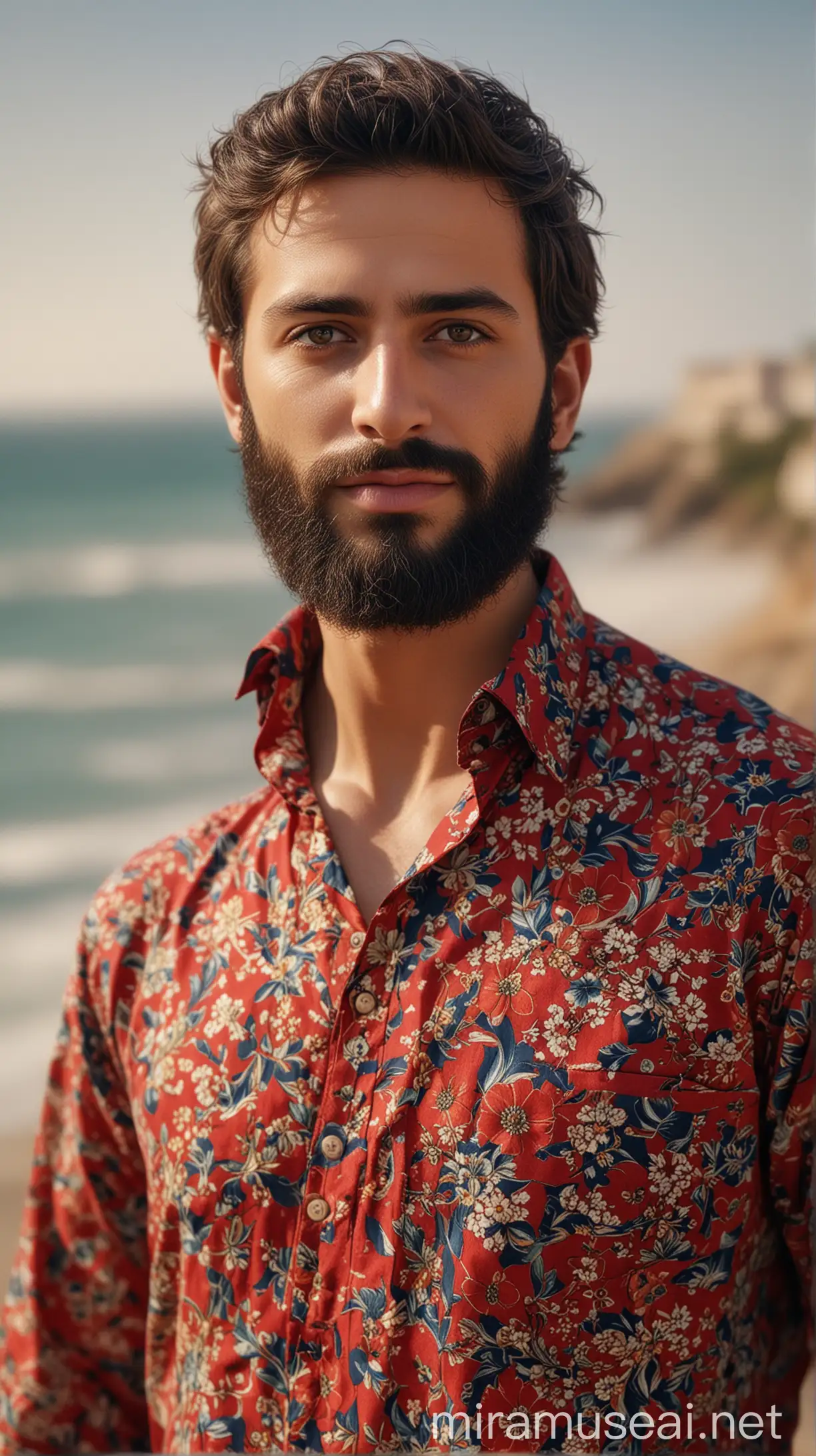 Create a hyper-realistic, 8K image of a beard man  with trimmed hair ,wearing red floral printed shirt and navy pant  , ensuring only his  eyes are beautiful. The image should capture intricate details, highlighting the texture and fabric   WITH GOLD trim TOUCH. Focus on the natural expression in his  eyes, conveying a sense of grace. The background should be softly blurred  WITH beach view to emphasize the subject, with natural lighting enhancing the realism and depth of the image. The overall composition should reflect respect and beauty, showcasing the cultural significance of the Arab .