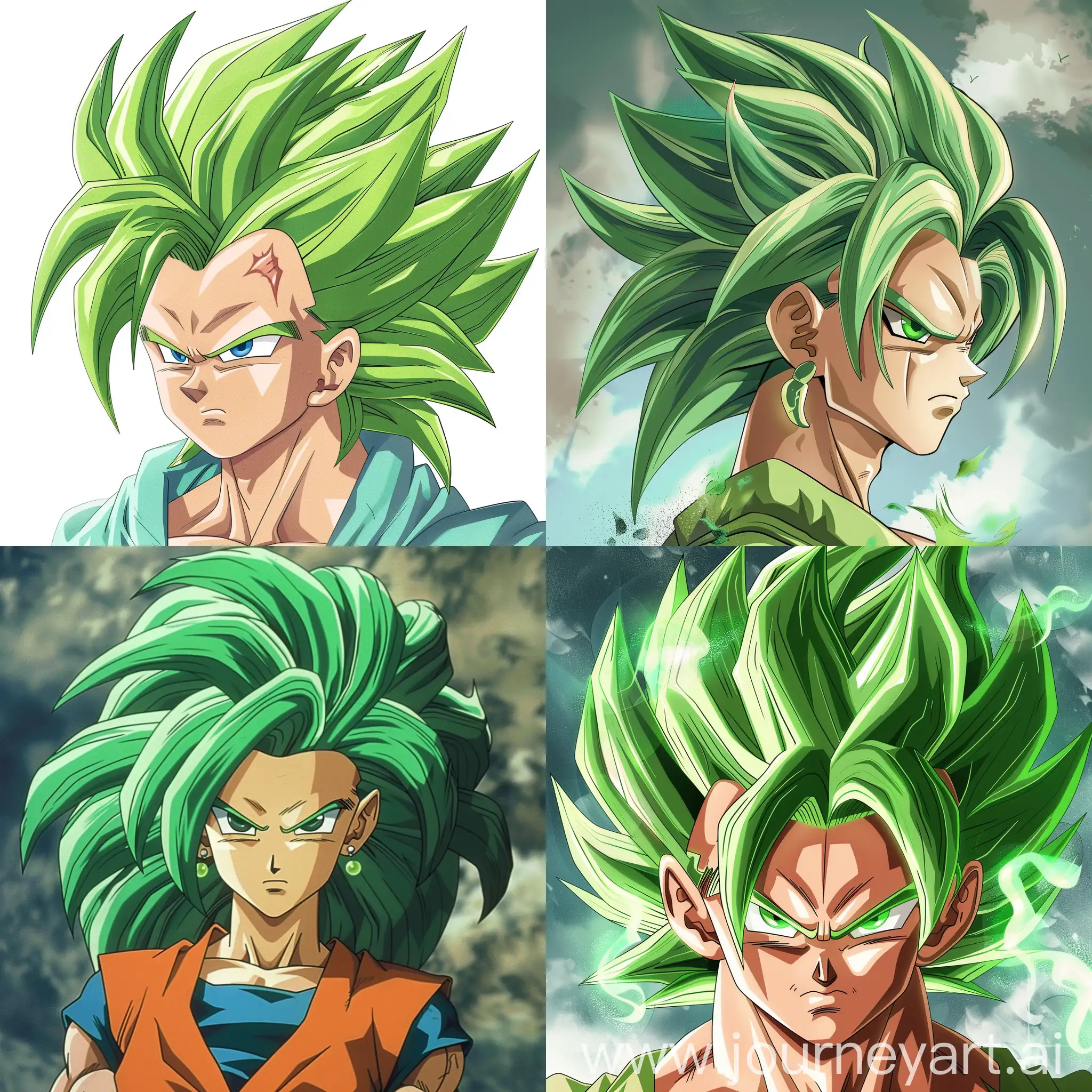 super sayajin from anime Dragon Ball with green hair, anime style