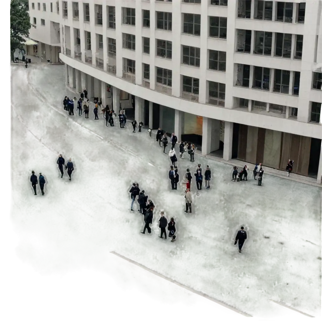 a building with people in the ground walking in the street
