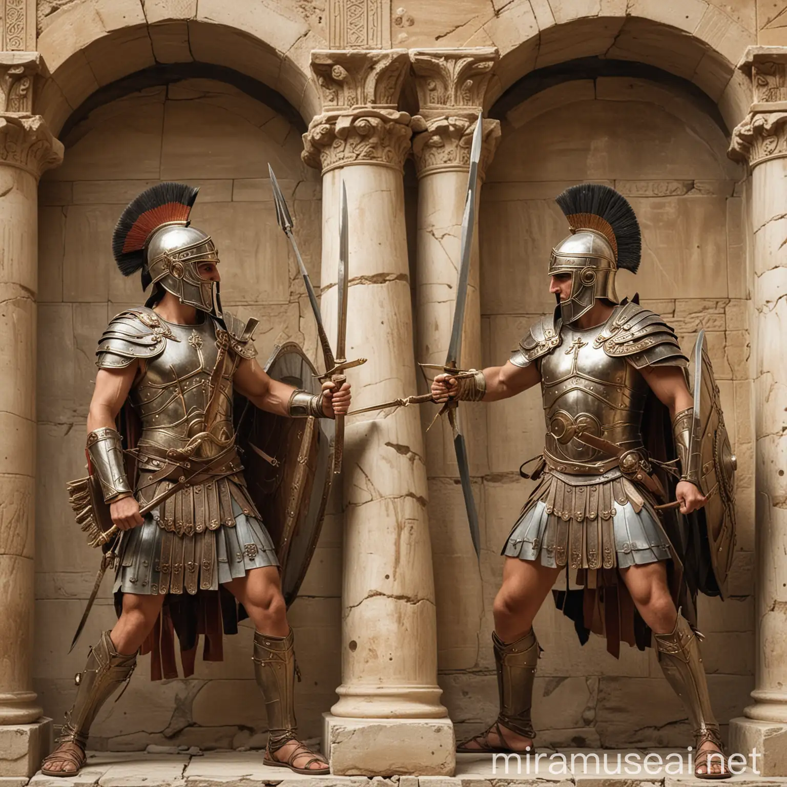 two greek princes in armour with spears and white shields battling in front of the walls of Thebes for the throne. The battle happened at dawn. Both are pierced by the others' spear.
