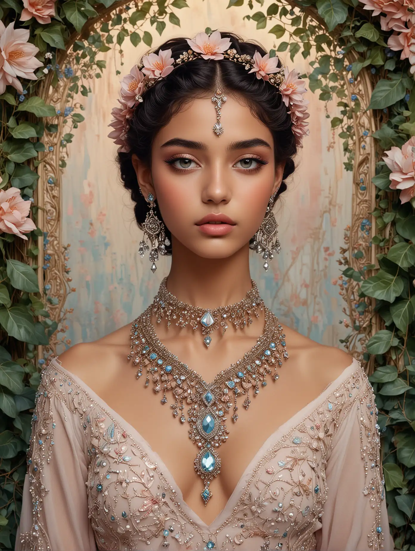 A beautiful nude Arab tribal teen in a diamond painting with pastel colors inspired by [ Dior ] and Gabbana fashion. with a light haze that gives the image an air of mystery. Her exquisite hairstyle is adorned with flowers and intricate shapes create a romantic image. Makeup, necklace and earrings add finishing touches to this full-length composition against a backdrop of ivy