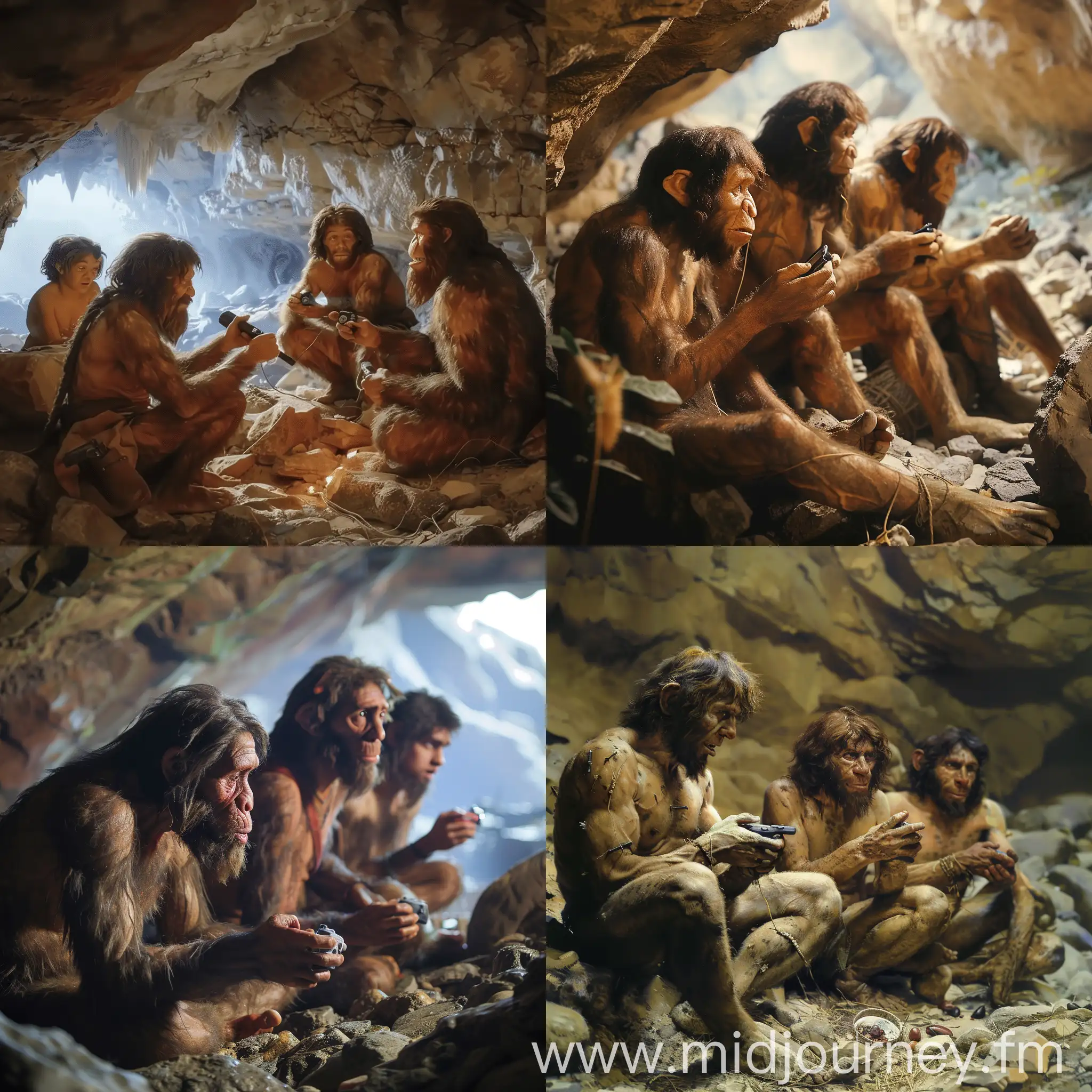 Neanderthals Playing Video Games in a Cave | JourneyArt