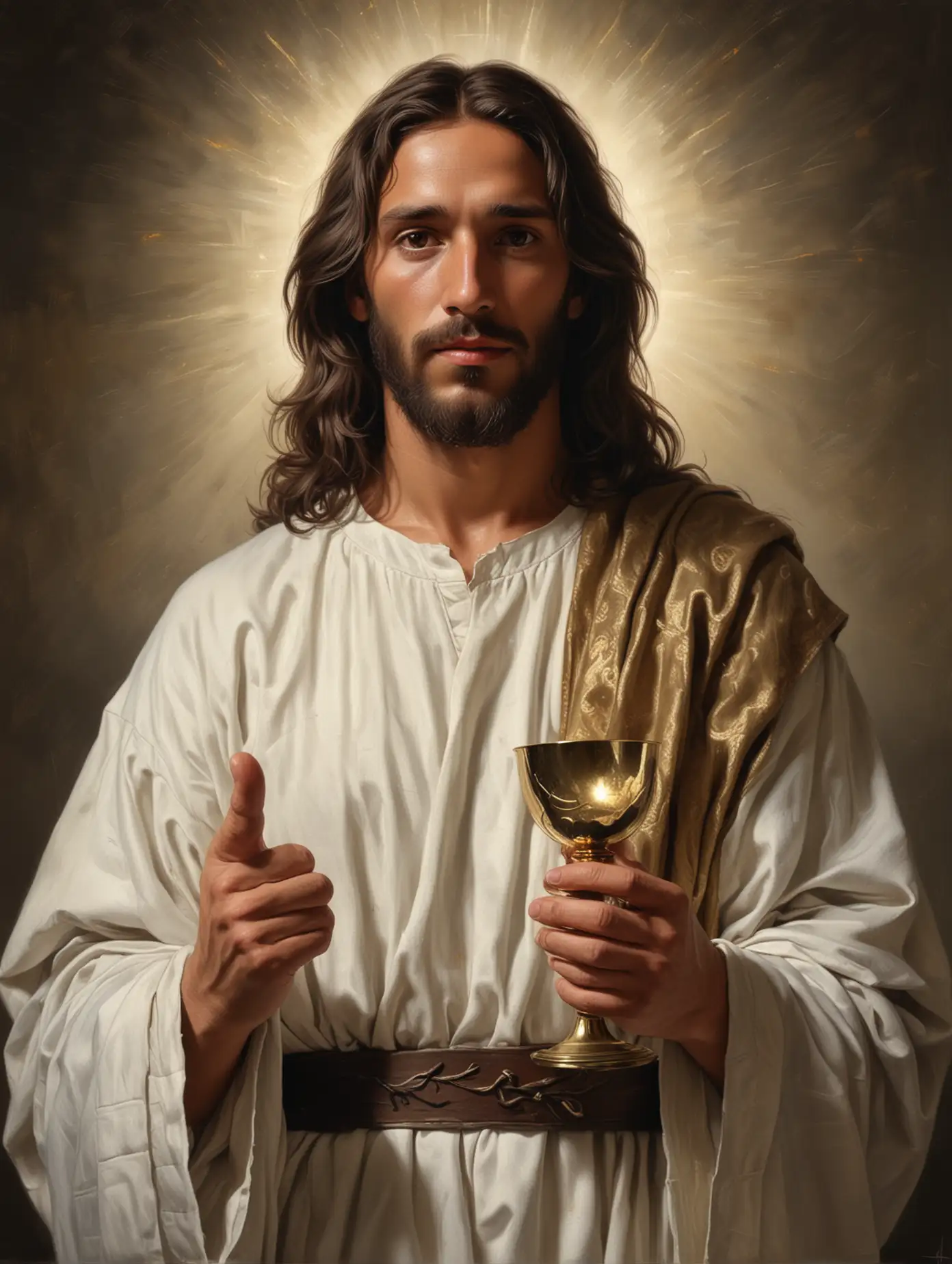 A REALISTIC PAINTED PORTRAIT OF THE LORD JESUS, FEOM THE WAIST UP WITH SHOULDER LEBGTH WAVY, DARK HAIR AND BROWN EYES, LOOKING ATRAIGHT AT THW VIEWER, DEAMATIC LIGHTING, JESUS HOLDING A CHALICE AND A EUCHARIST