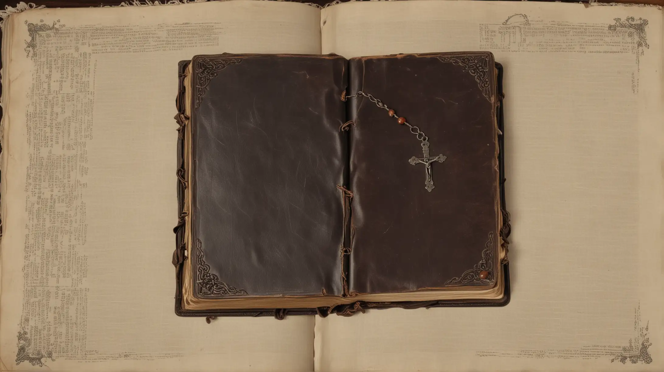 Open Leather Bible with Broken Rosary on Blank Pages