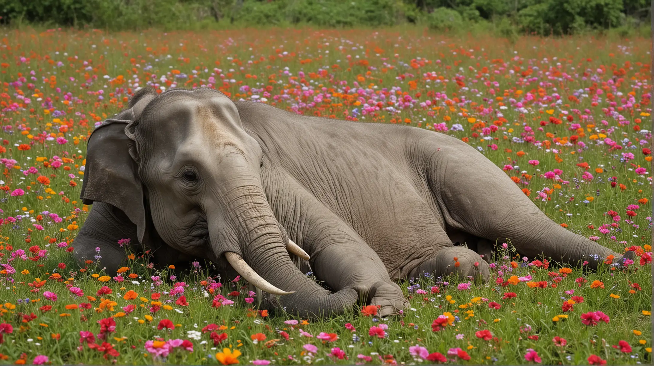 an Thailand elephant lying down in a field filled with colorful flowers. The setting appears to be a natural, open environment—possibly a wildflower field or grassland. The contrast between the Thai elephant’s rough, grey skin and the delicate, vibrant flowers creates a serene and somewhat unusual scene that highlights nature’s diversity.