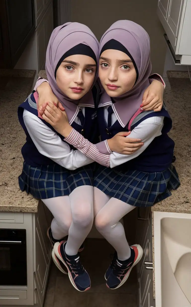 2 girl. 14 years old. They wear a modern hijab,
school skirt, tight shirts, white opaque tights
sport shoes
They are beautiful.
In kitchen. They sits on the kitchen countertrops
well-groomed, turkish, quality face, plump lips.
Bird's eye view, top view, serious face, hugs