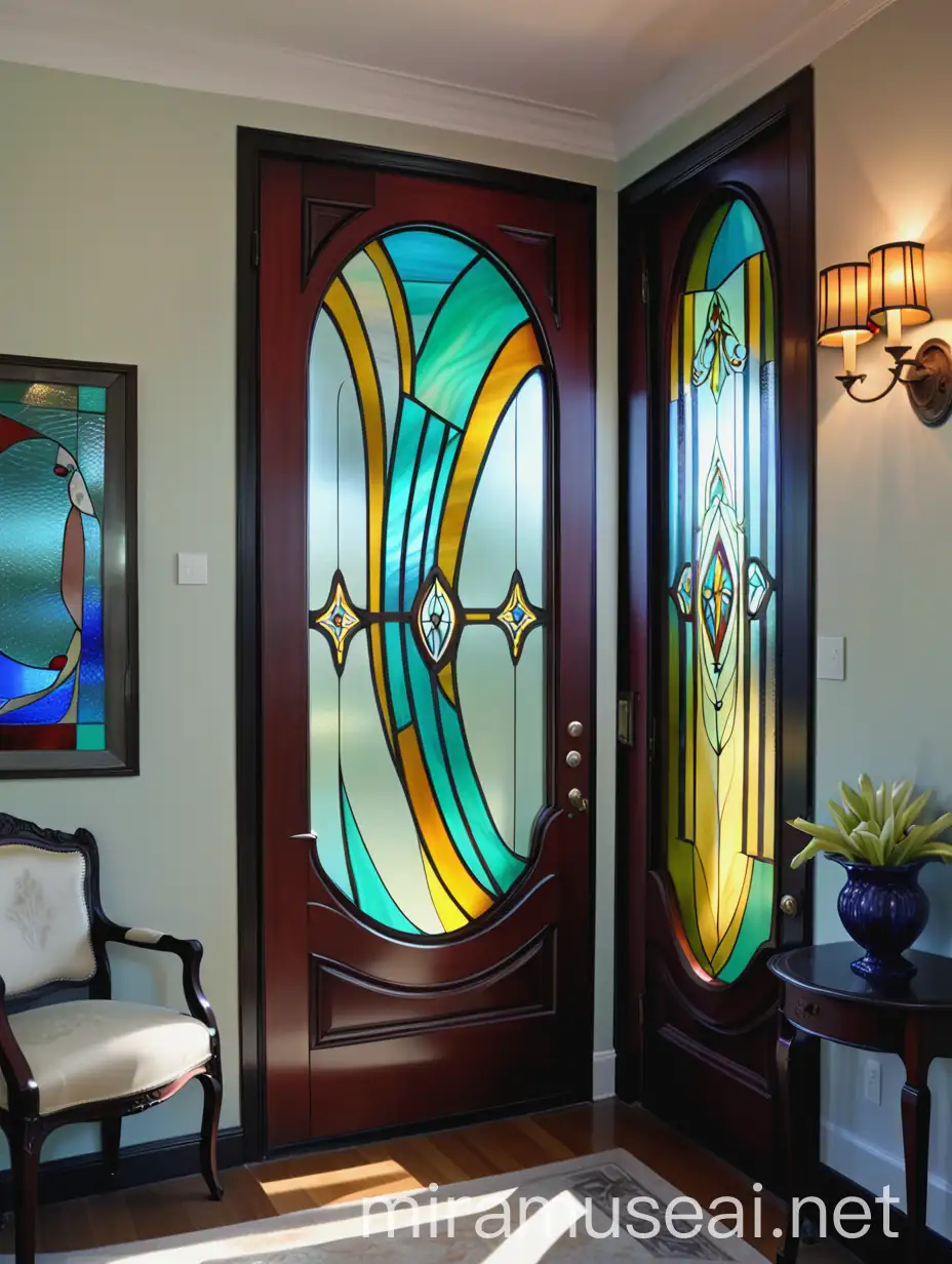Витражная дверь в гостиной  с плавными линиями из разноцветного стекла тиффани