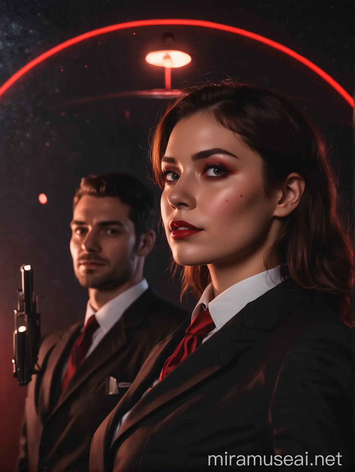 A beautiful woman in a detective suit, staring at the night sky, with a man in suit smirking from behind, and a red black luminous light with gun shadow right behind them